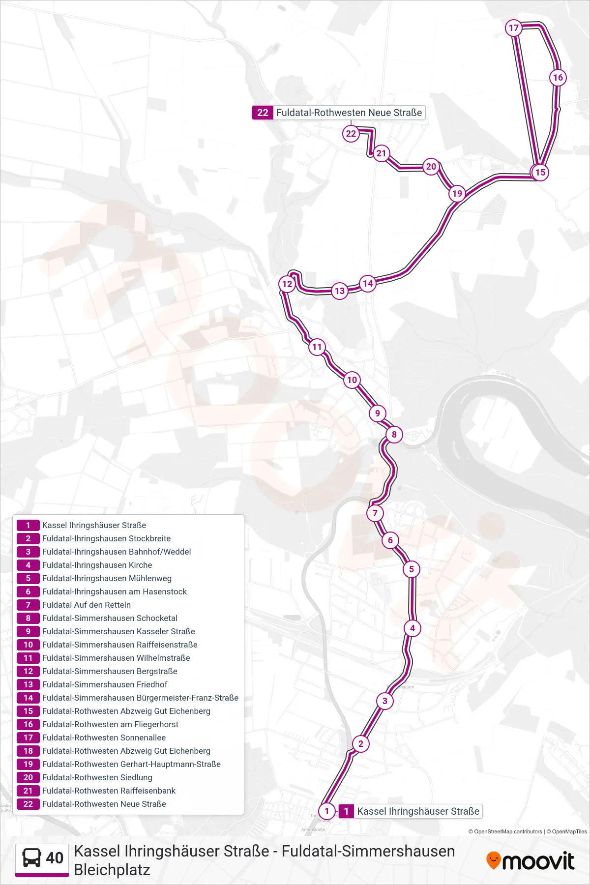 40 bus Line (Rothwesten) route and stops on a map