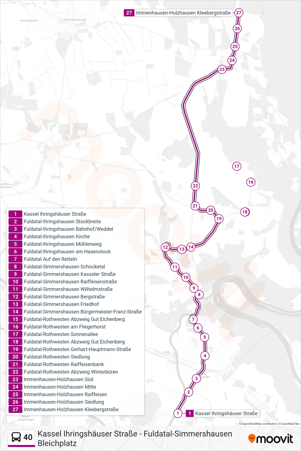 40 bus Line (Holzhausen) route and stops on a map