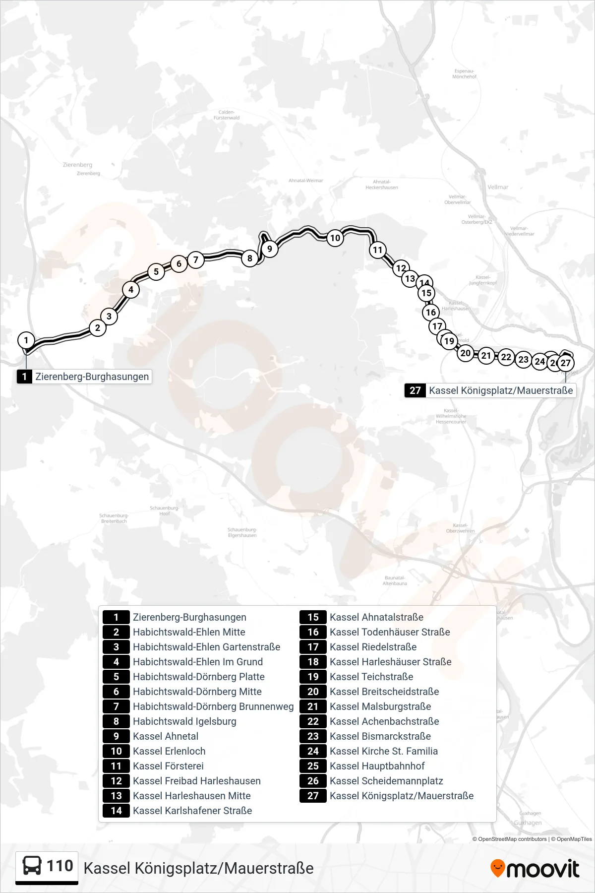 110 bus Line (Kassel Königsplatz/Mauerstraße) route and stops on a map
