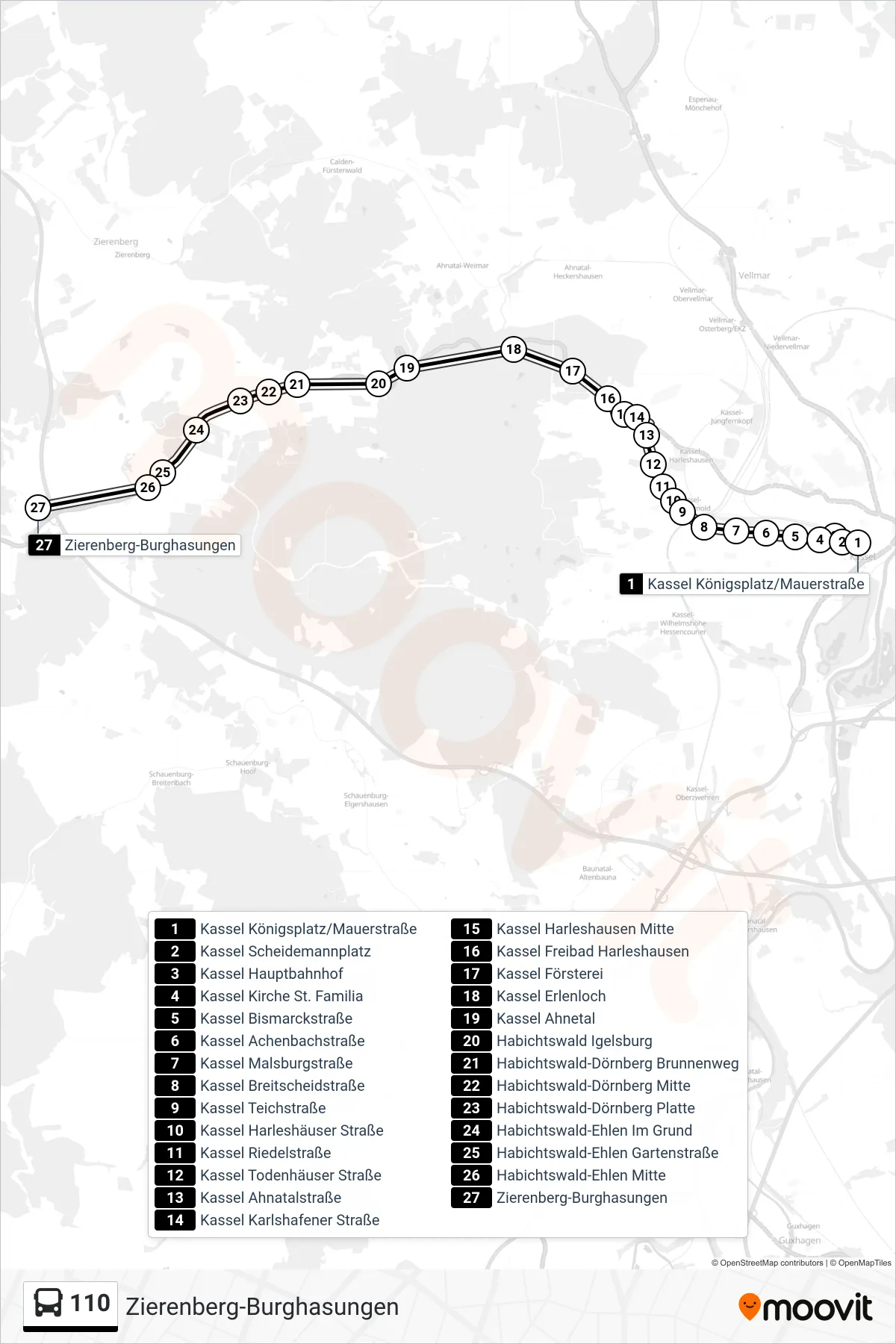 110 bus Line (Zierenberg-Burghasungen) route and stops on a map