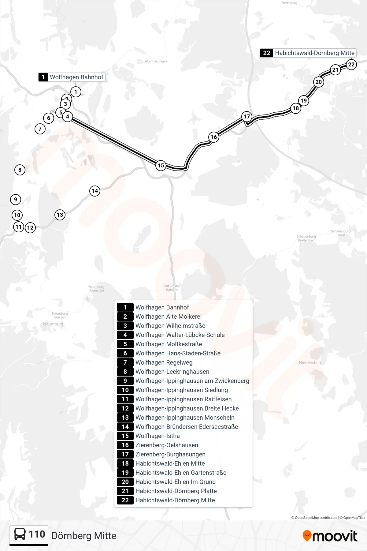 110 bus Line (Dörnberg Mitte) route and stops on a map
