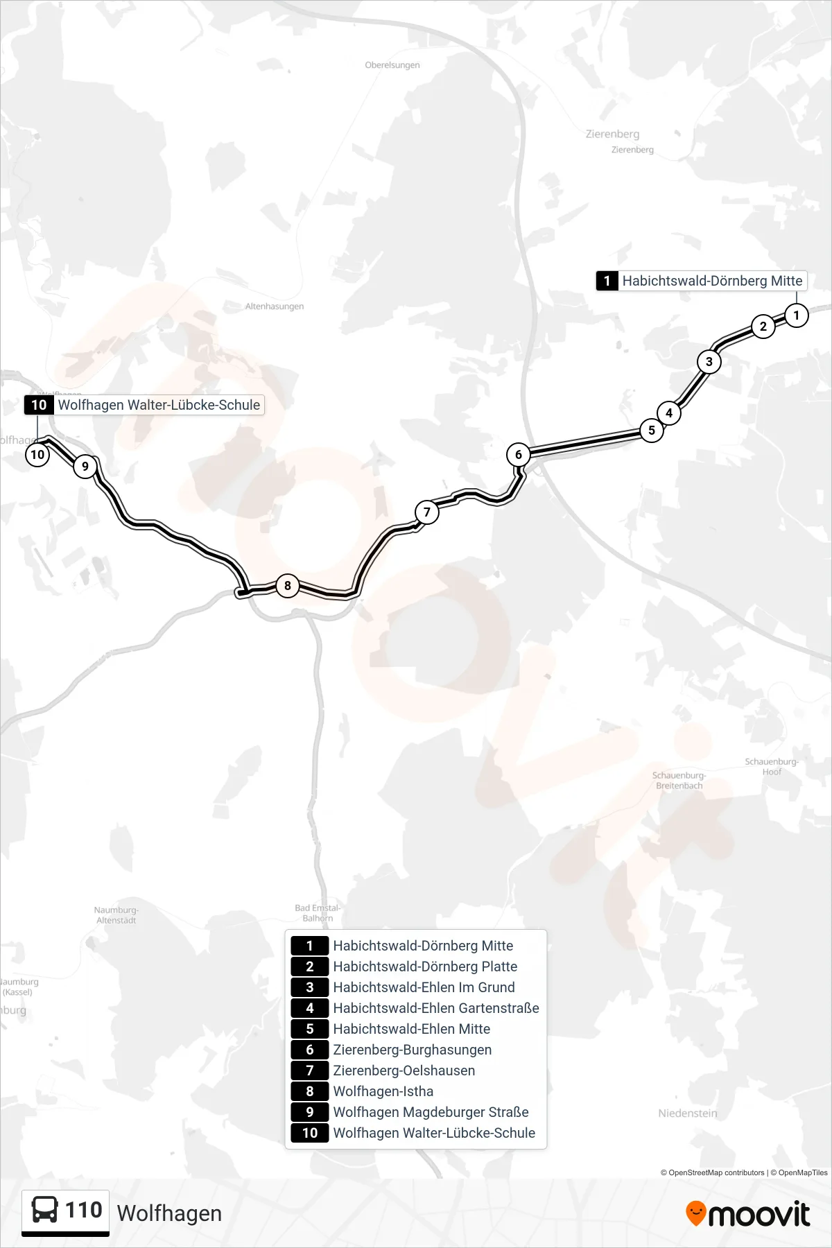 110 bus Line (Wolfhagen) route and stops on a map