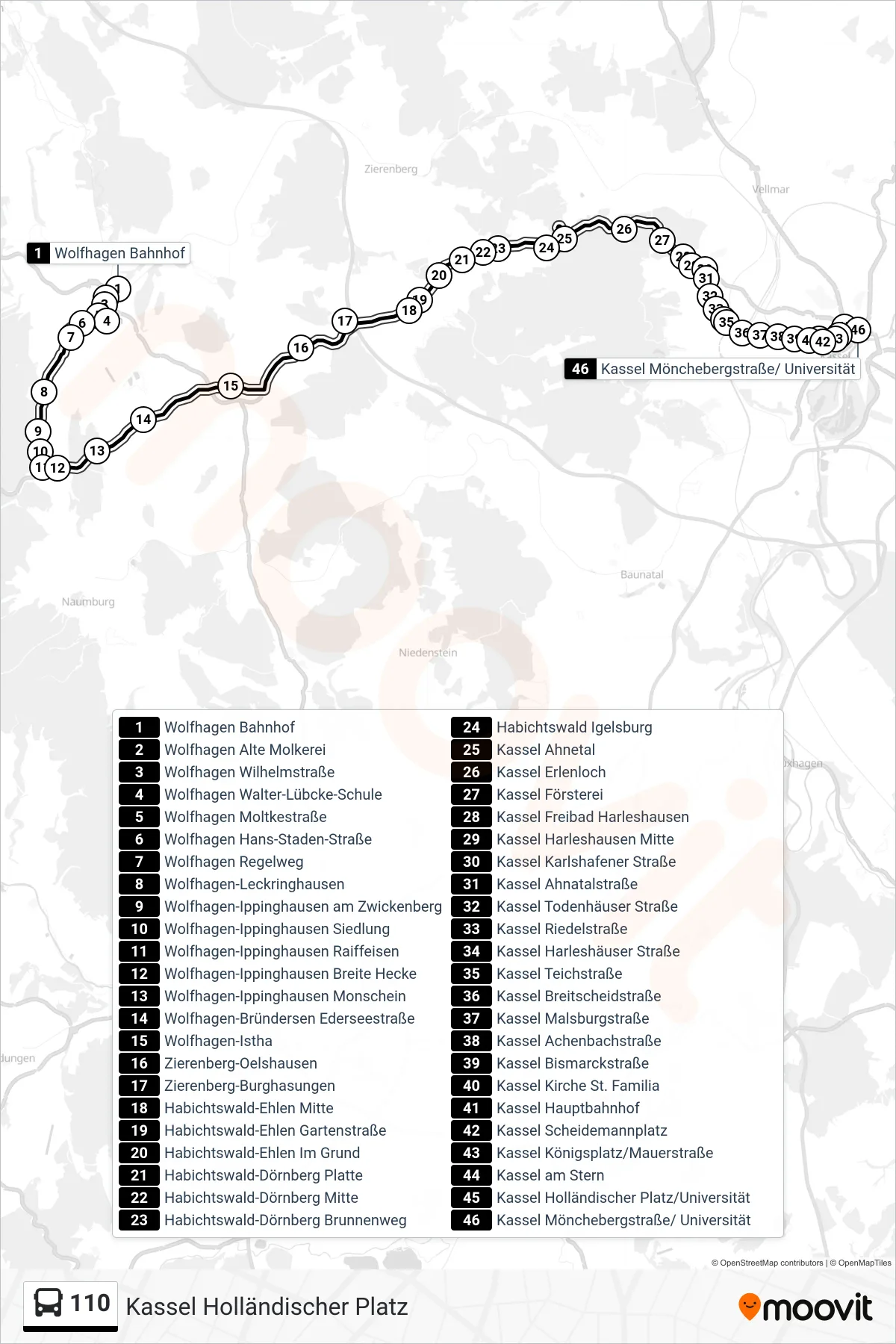 Linie 110 (Bus) Richtung Kassel Holländischer Platz: Route und Haltestellen auf der Karte