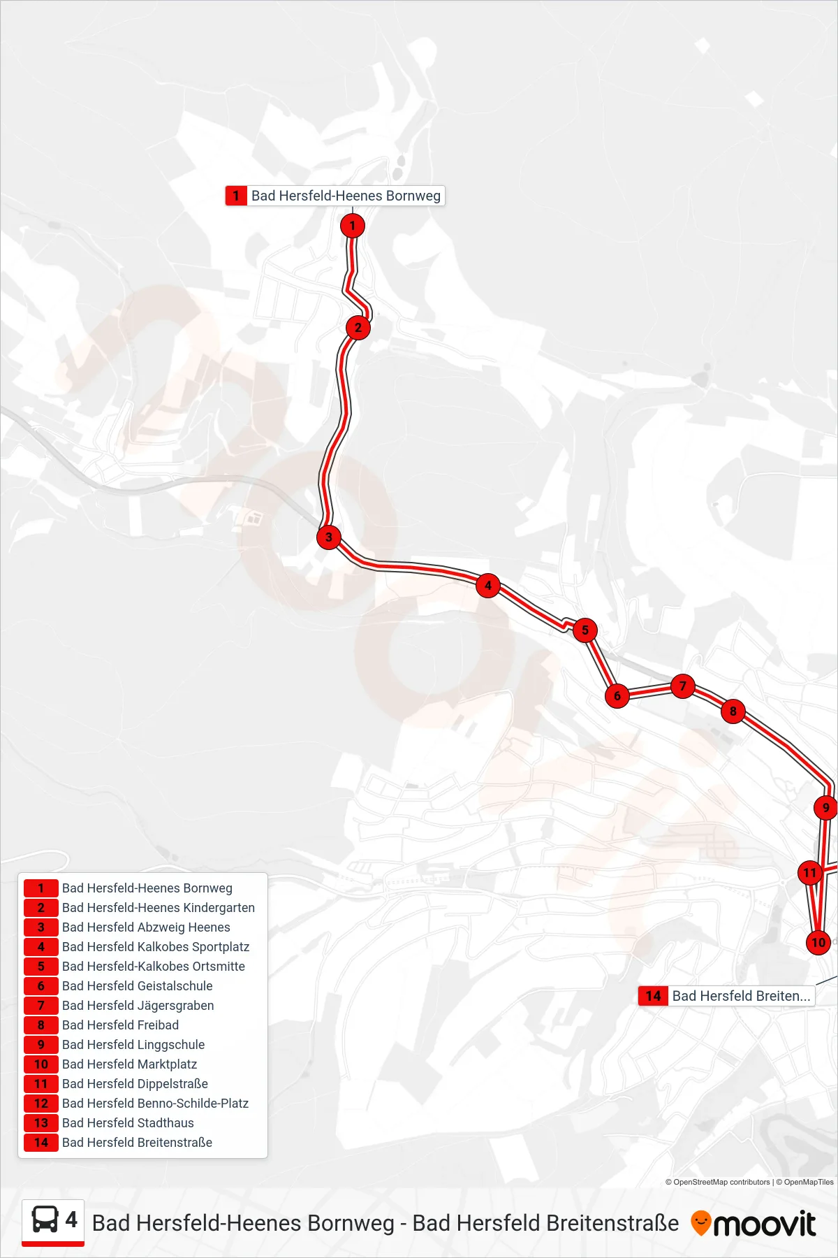 4 bus Line (Bad Hersfeld Breitenstraße) route and stops on a map