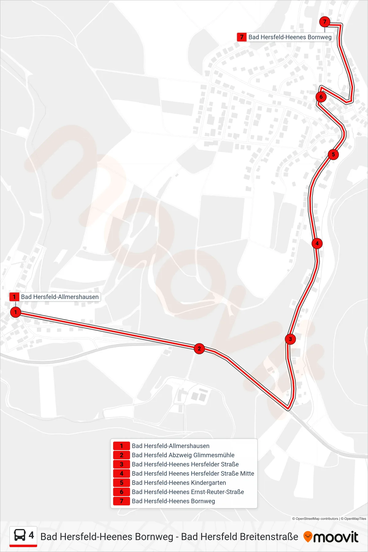 Linie 4 (Bus) Richtung Heenes: Route und Haltestellen auf der Karte