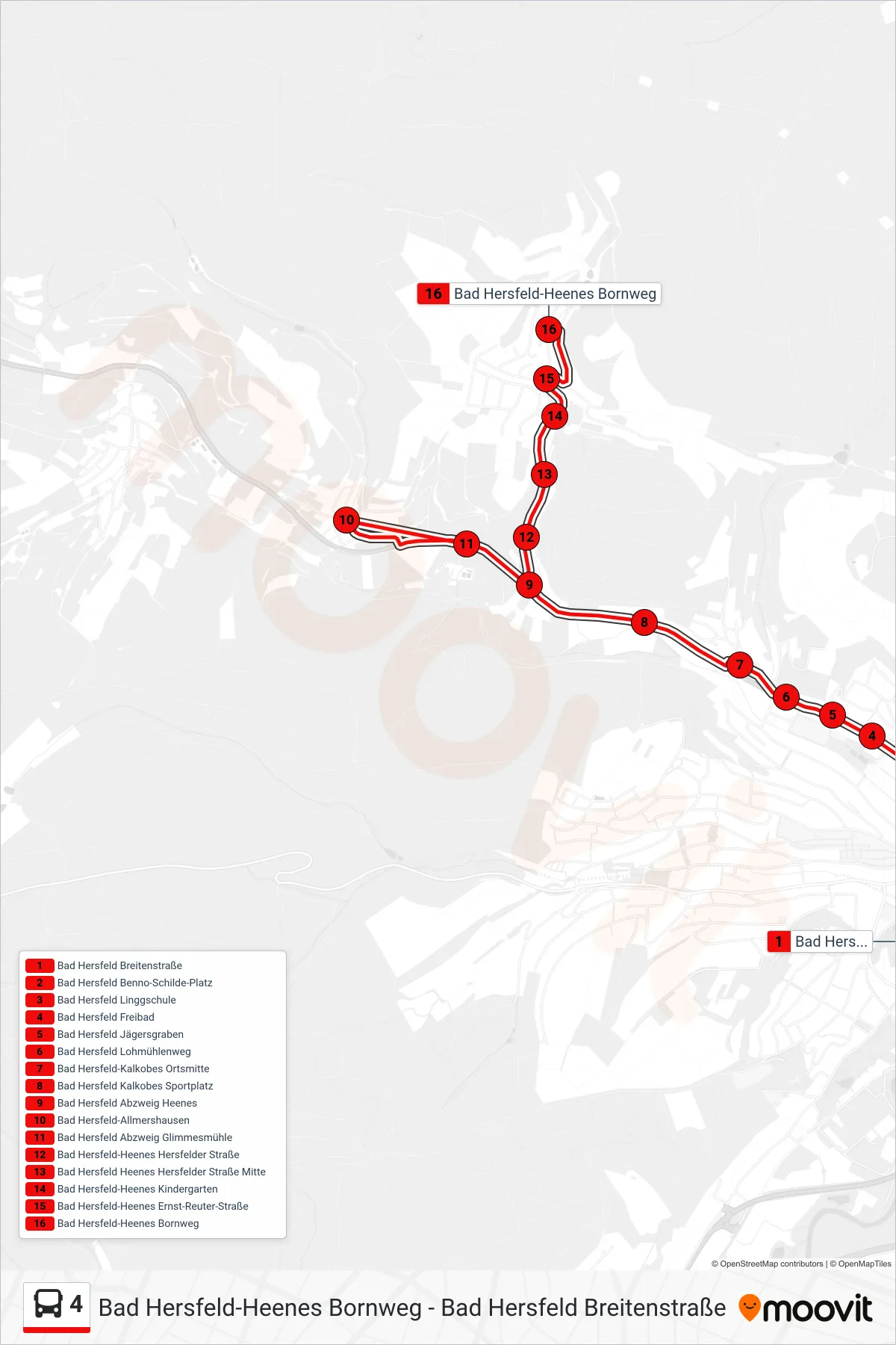 4 bus Line (Bornweg) route and stops on a map