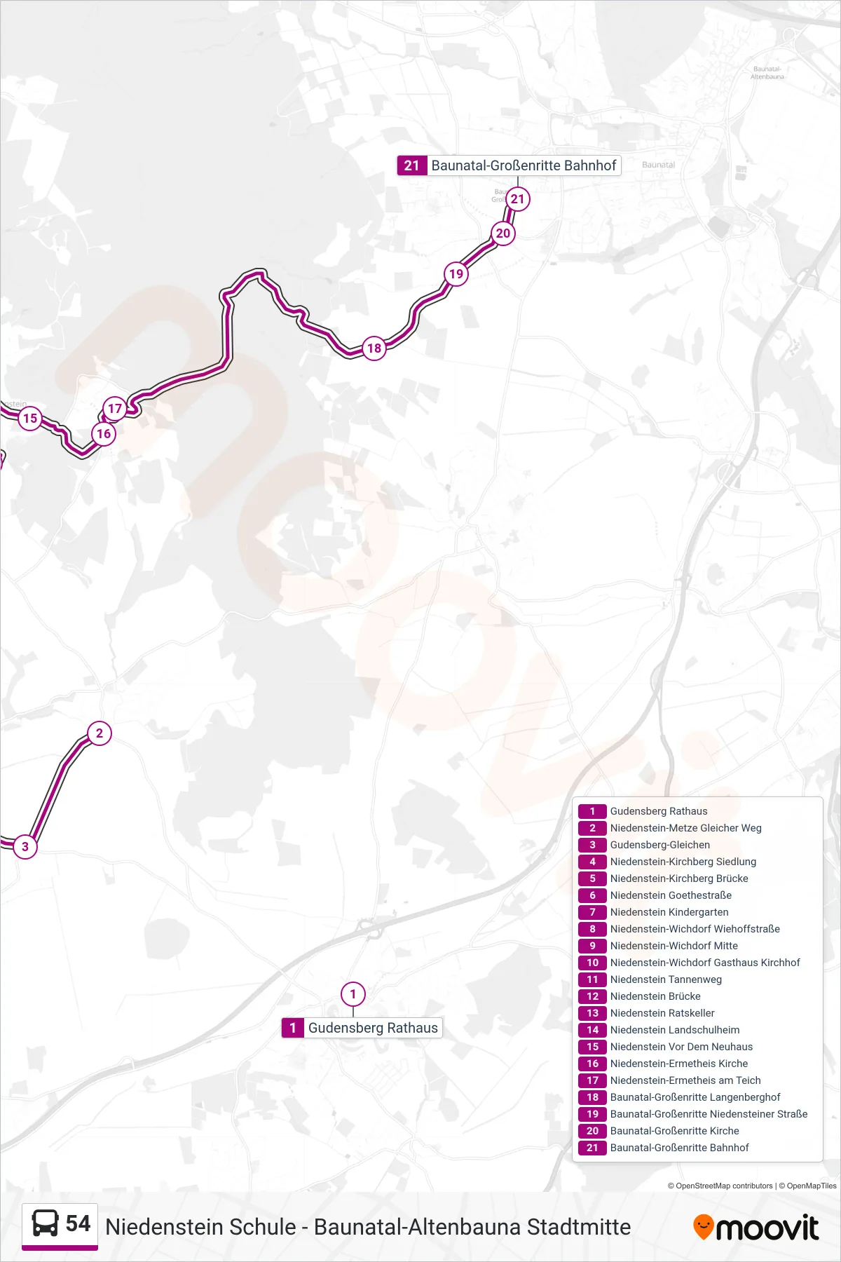 54 bus Line (Großenritte Bhf) route and stops on a map