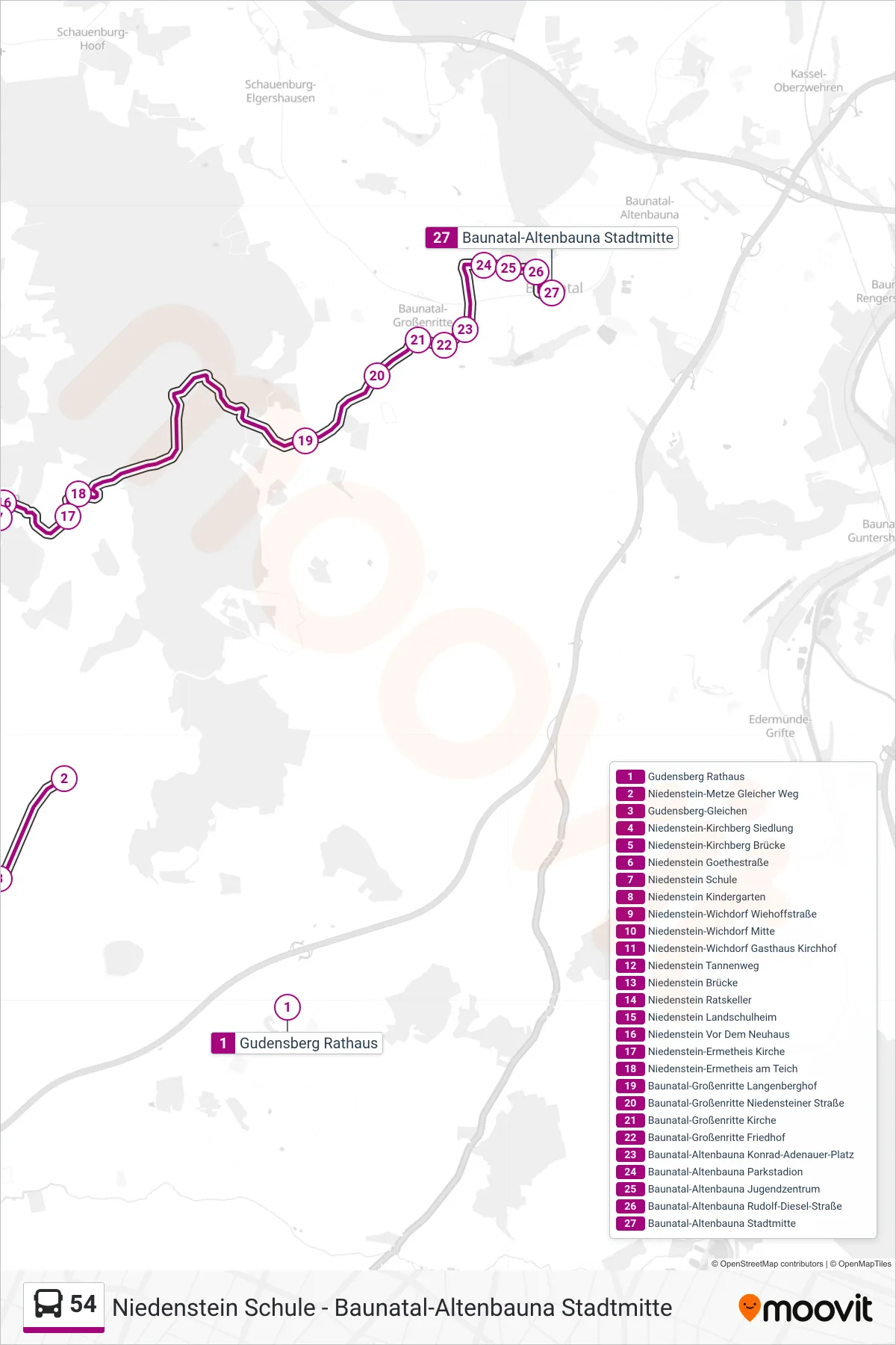 54 bus Line (Altenbauna) route and stops on a map