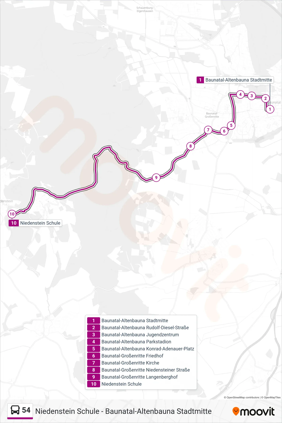 54 bus Line (Niedenstein) route and stops on a map