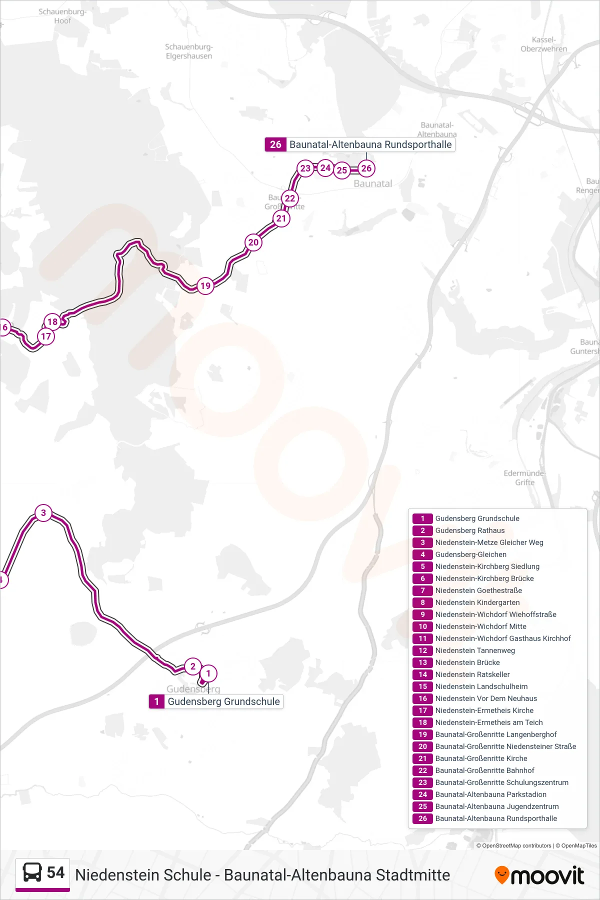 54 bus Line (Baunatal) route and stops on a map