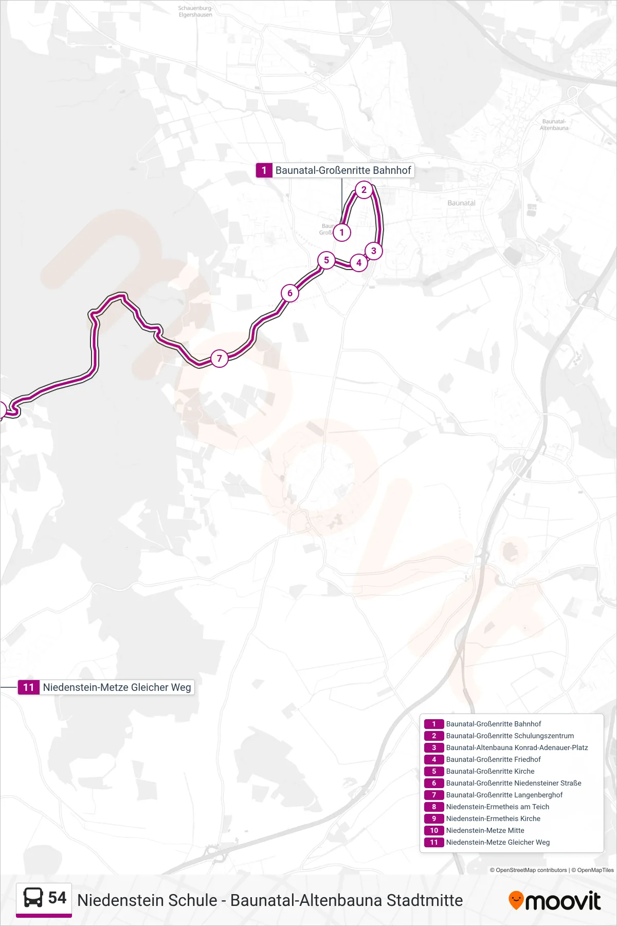 54 bus Line (Niedenstein Metze) route and stops on a map