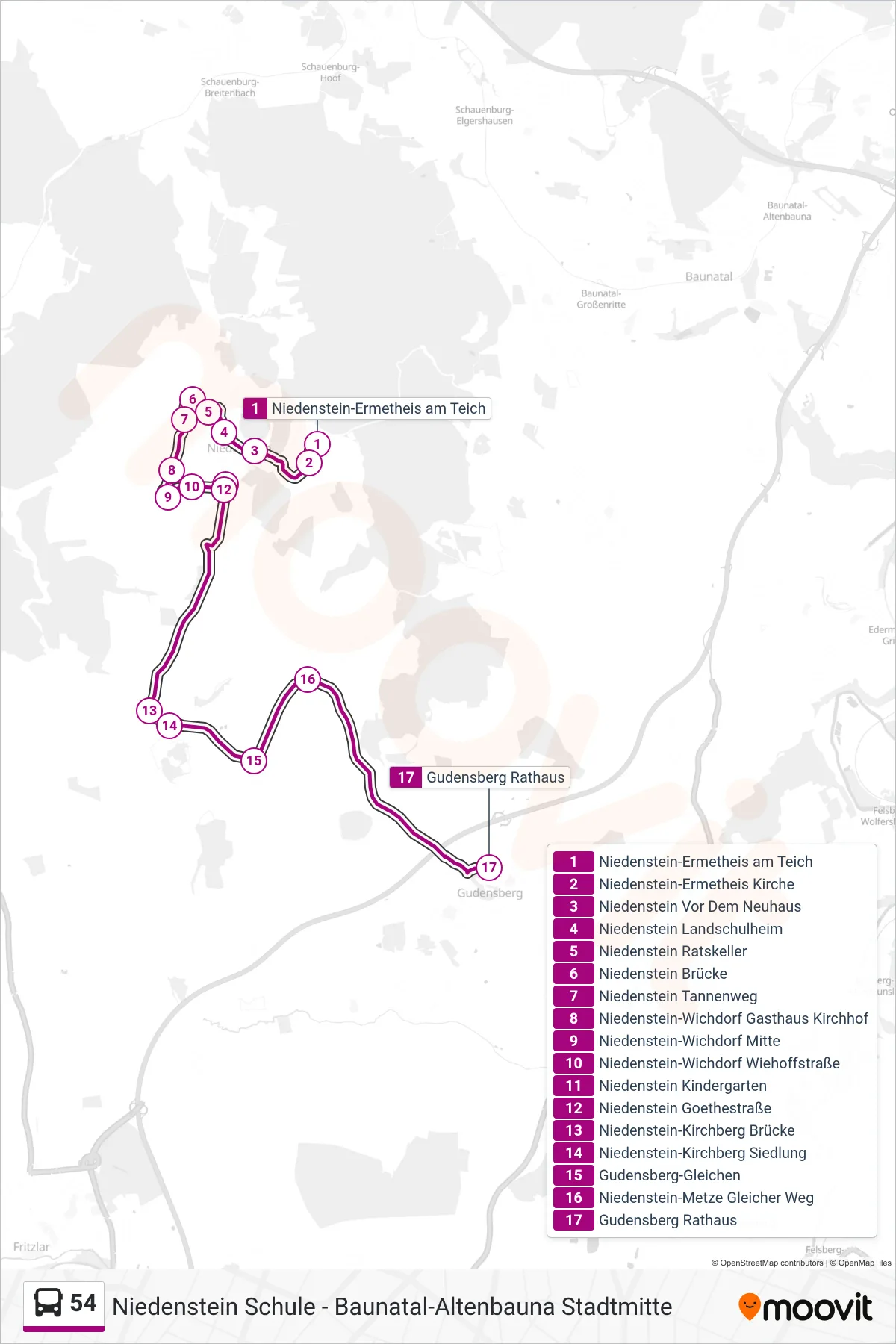 54 bus Line (Gudensberg) route and stops on a map