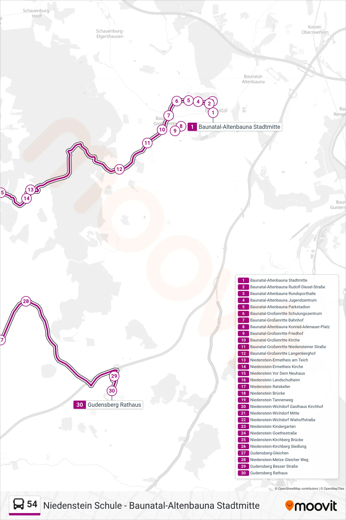 54 bus Line (Gudensberg Rathaus) route and stops on a map