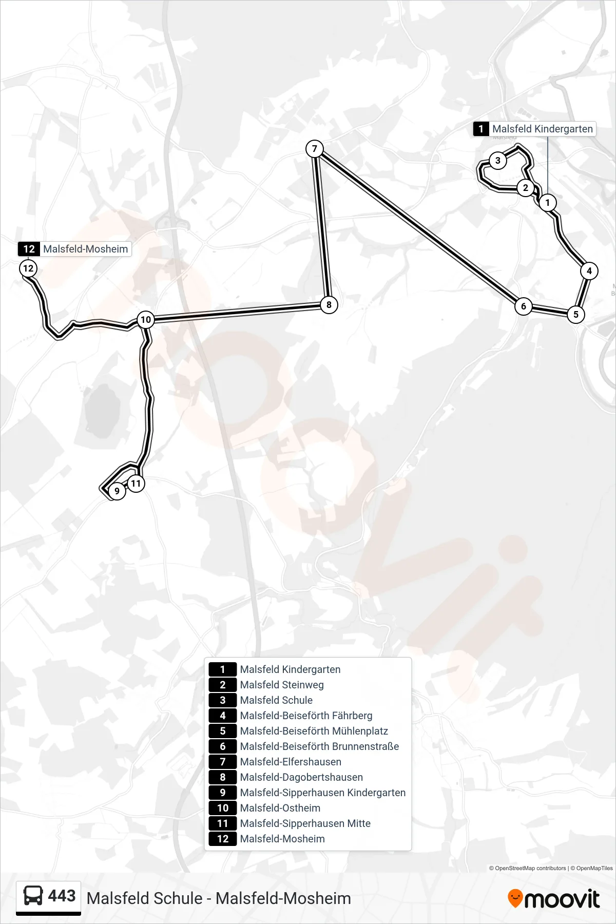 443 bus Line (Mosheim) route and stops on a map