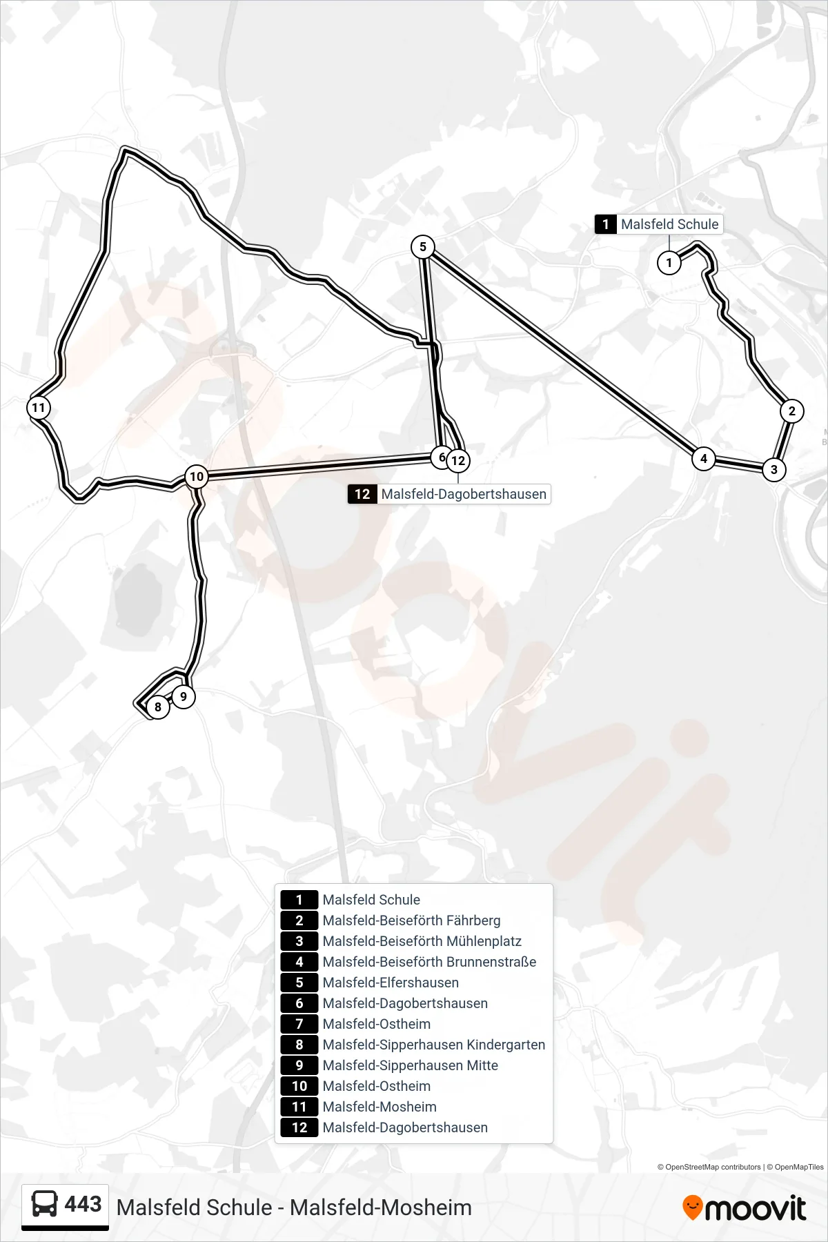 443 bus Line (Dagobertshausen) route and stops on a map