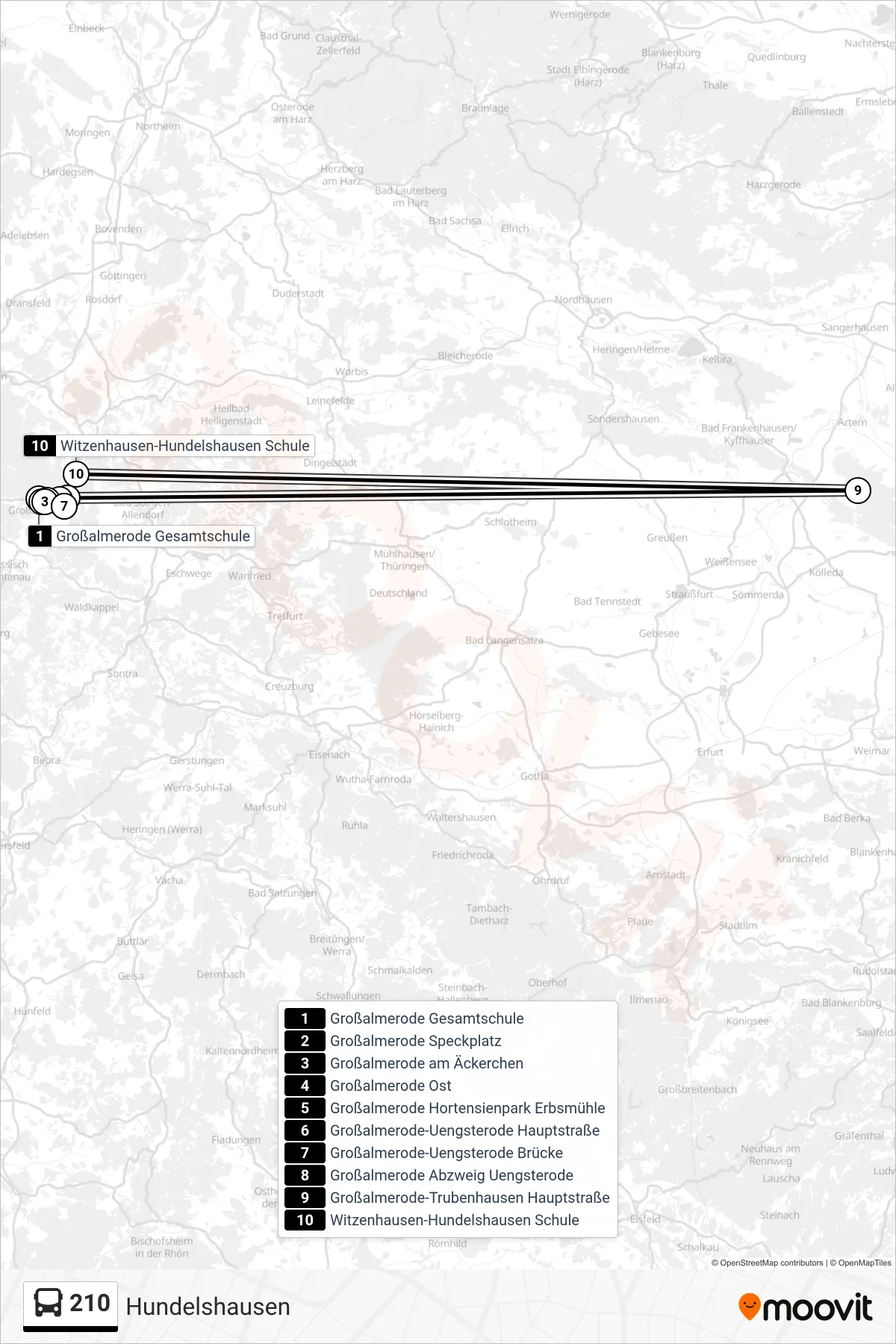 210 bus Line (Hundelshausen) route and stops on a map