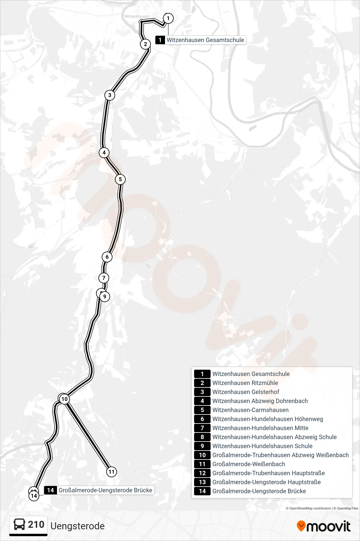 210 bus Line (Uengsterode) route and stops on a map