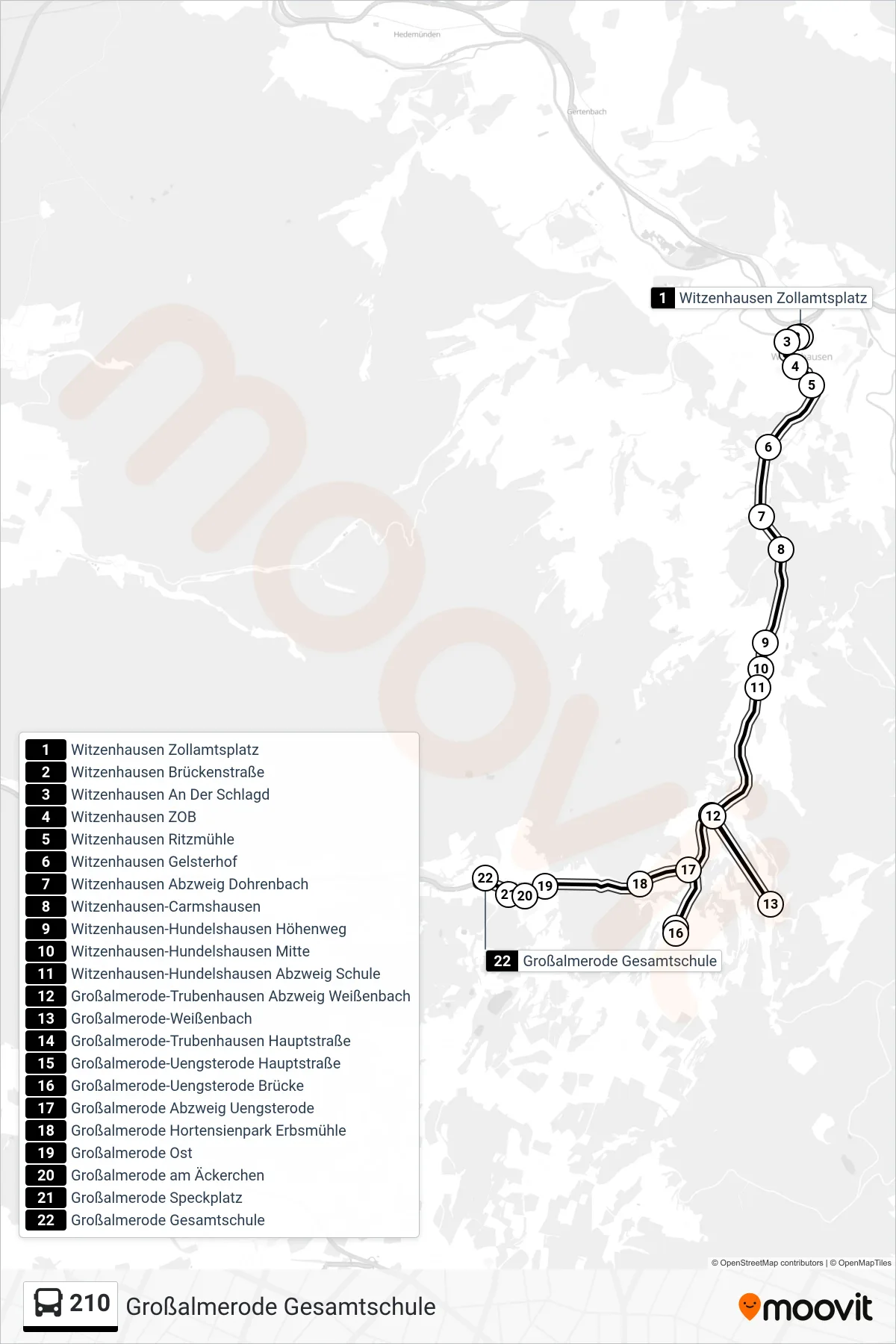210 bus Line (Großalmerode Gesamtschule) route and stops on a map