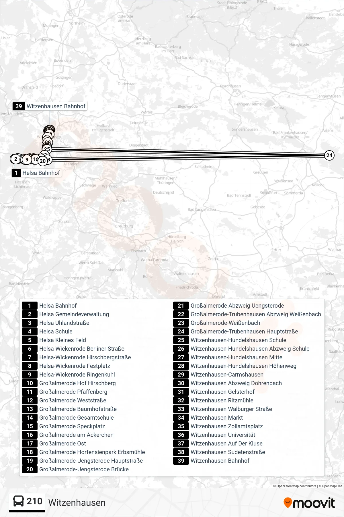 210 bus Line (Witzenhausen) route and stops on a map