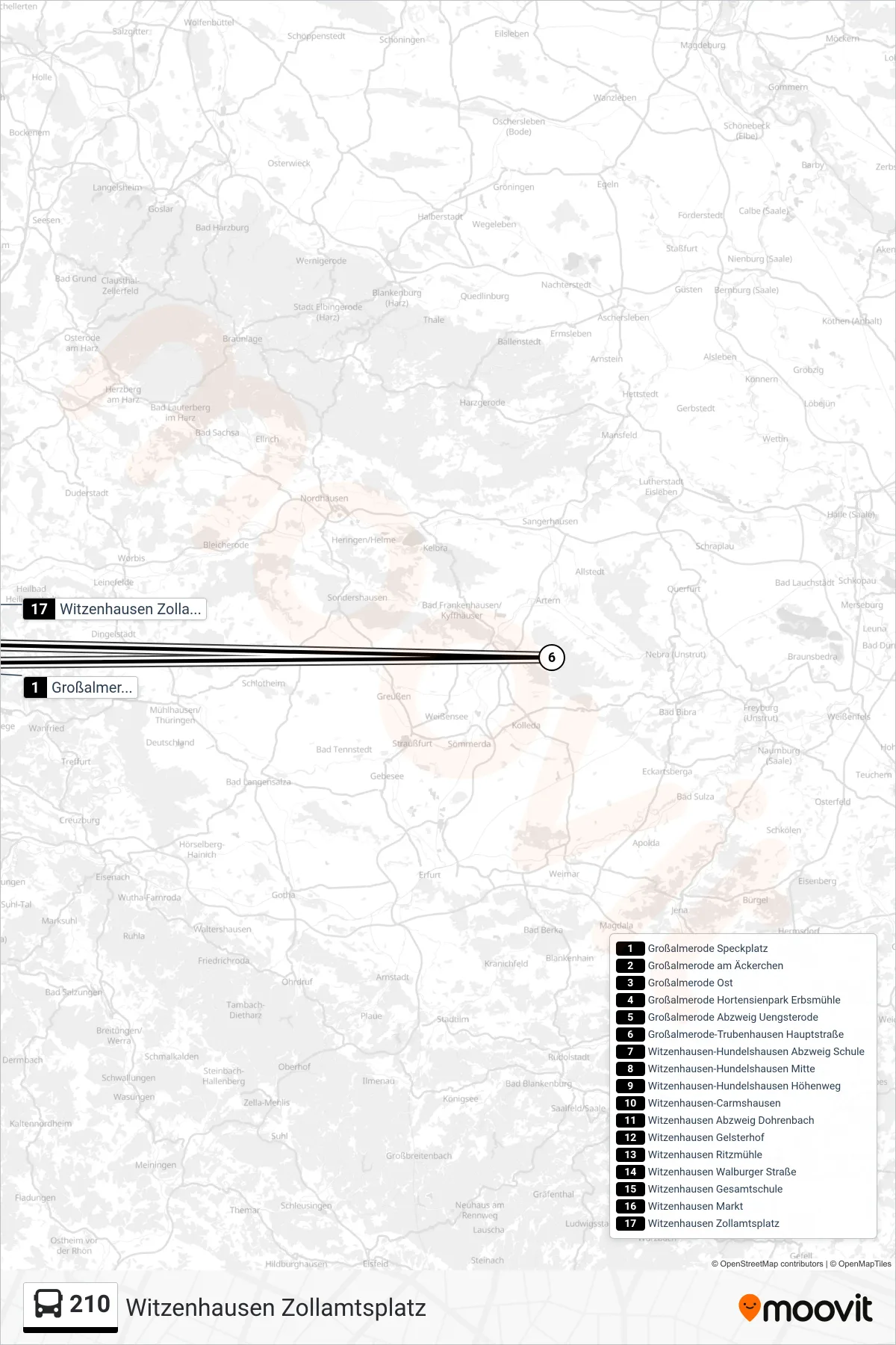 210 bus Line (Witzenhausen Zollamtsplatz) route and stops on a map