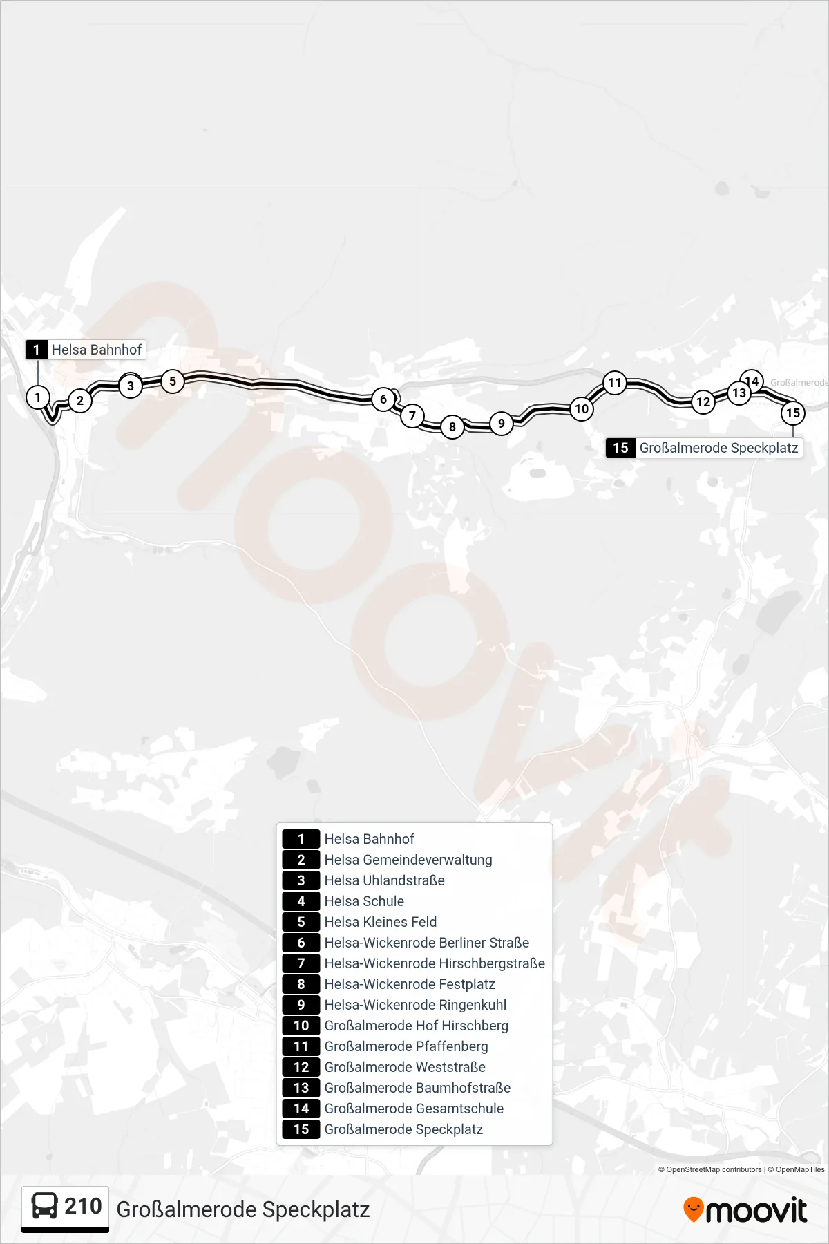 210 bus Line (Großalmerode Speckplatz) route and stops on a map