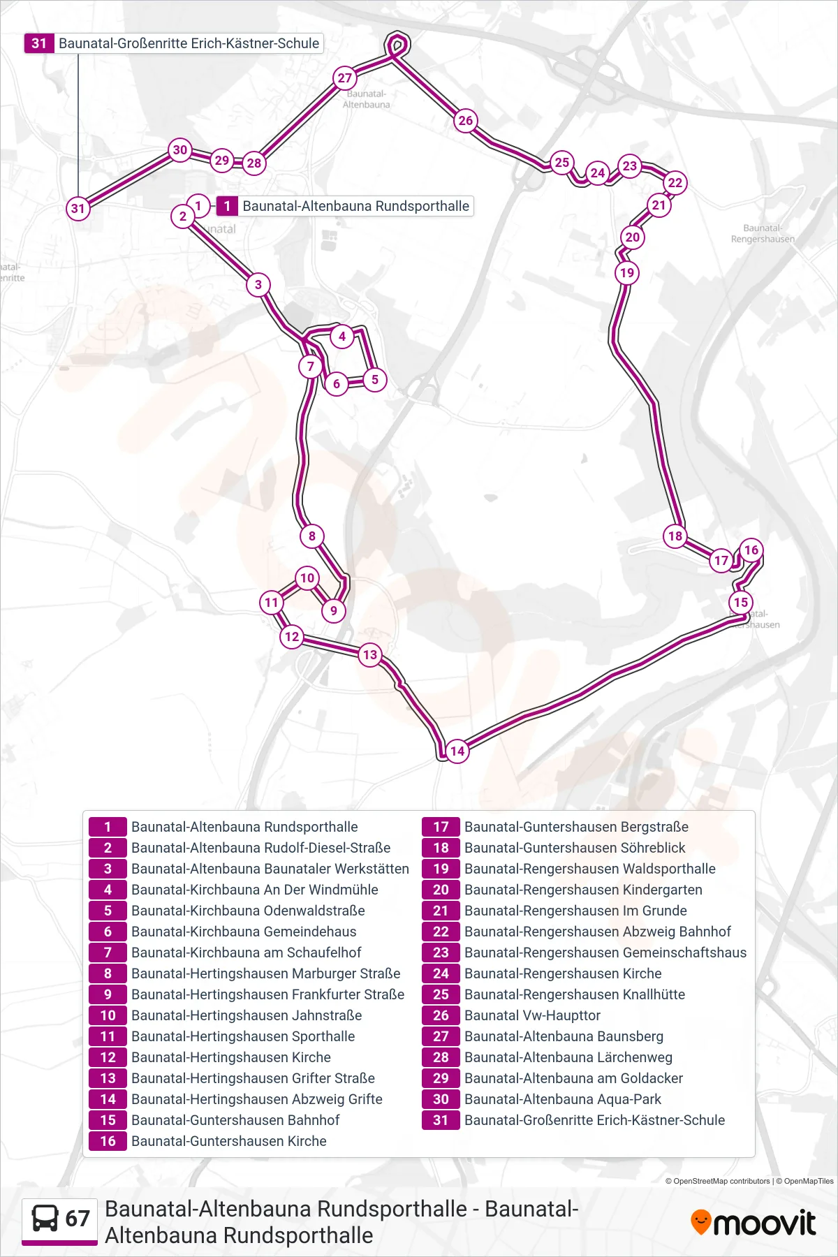 67 bus Line (Baunatal-Großenritte Erich-Kästner-Schule) route and stops on a map