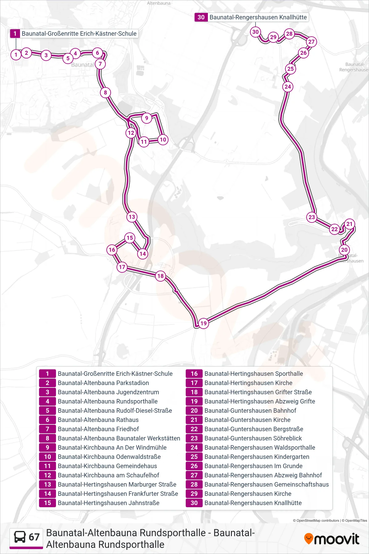 67 bus Line (Baunatal-Rengershausen Knallhütte) route and stops on a map