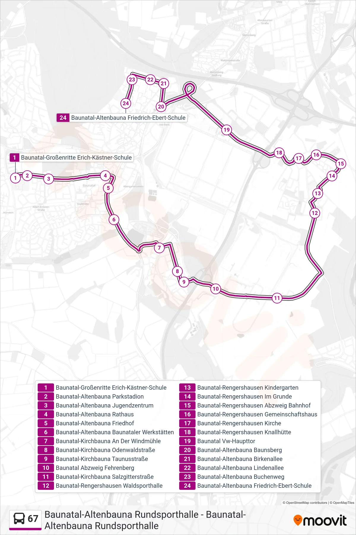 67 bus Line (Baunatal-Altenbauna Friedrich-Ebert-Schule) route and stops on a map