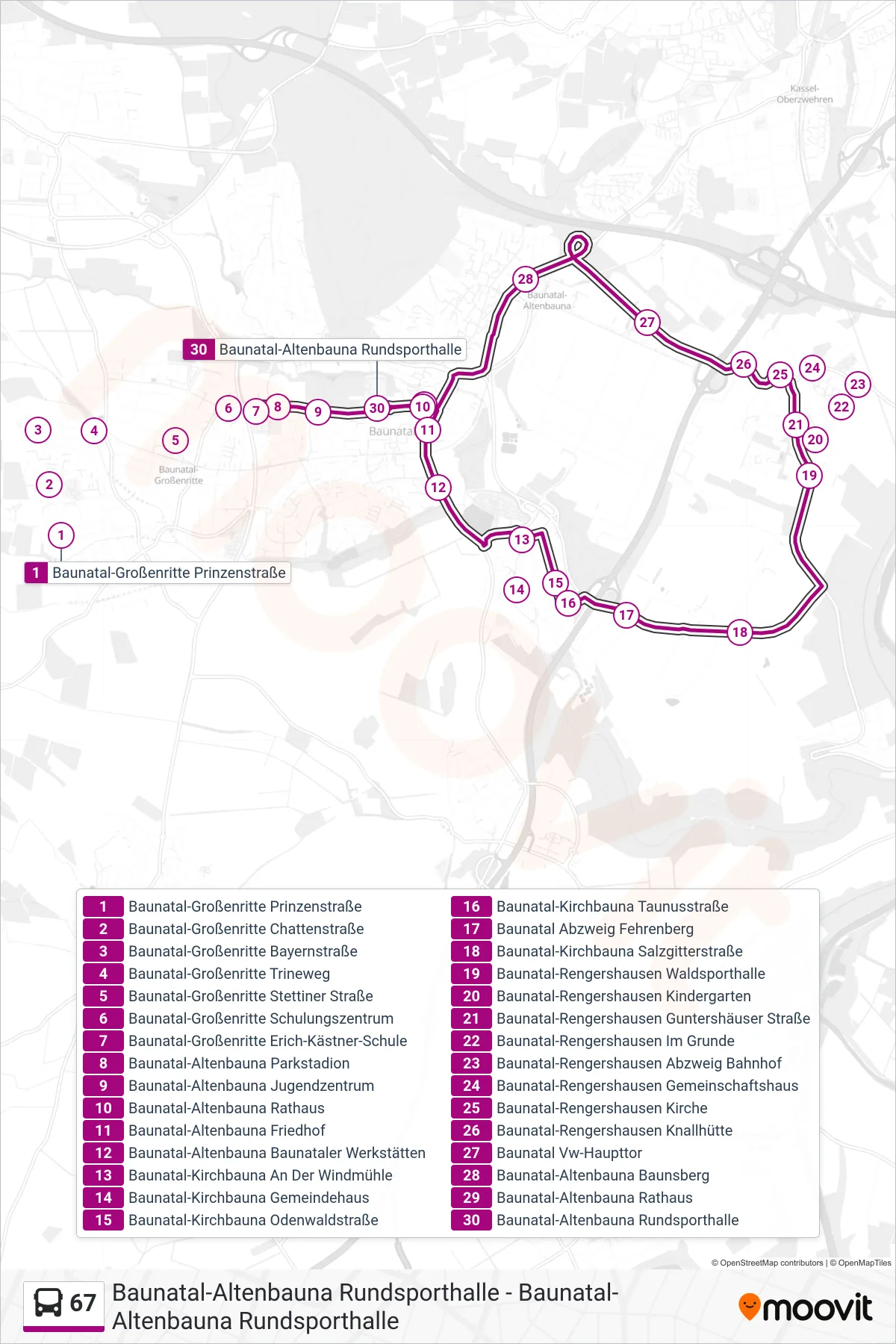 Linie 67 (Bus) Richtung Baunatal-Altenbauna Rundsporthalle: Route und Haltestellen auf der Karte