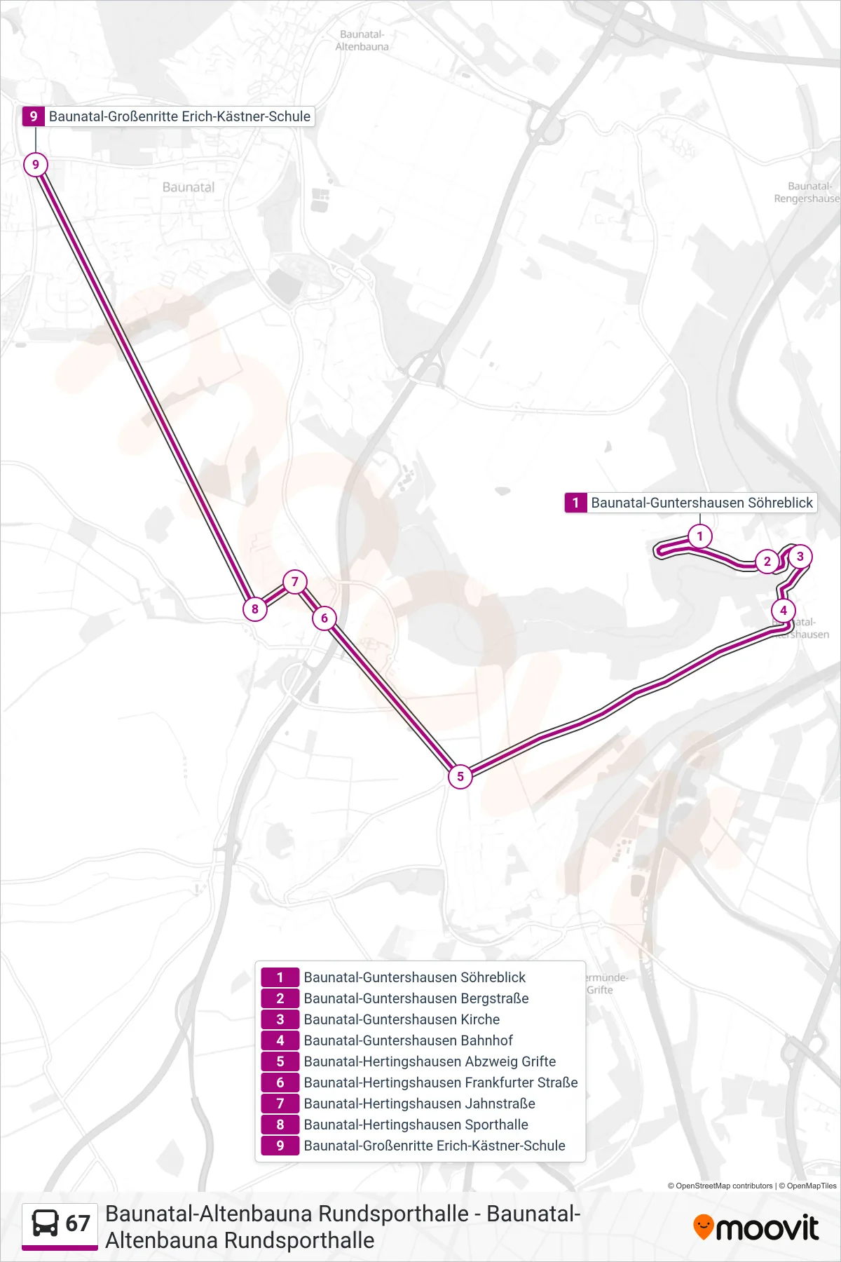 67 bus Line (Baunatal-Großenritte Erich-Kästner-Schule) route and stops on a map