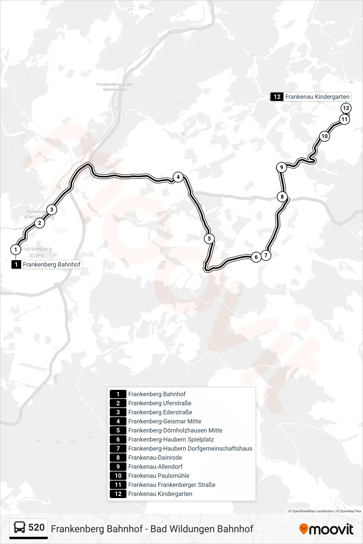 520 bus Line (Frankenau) route and stops on a map