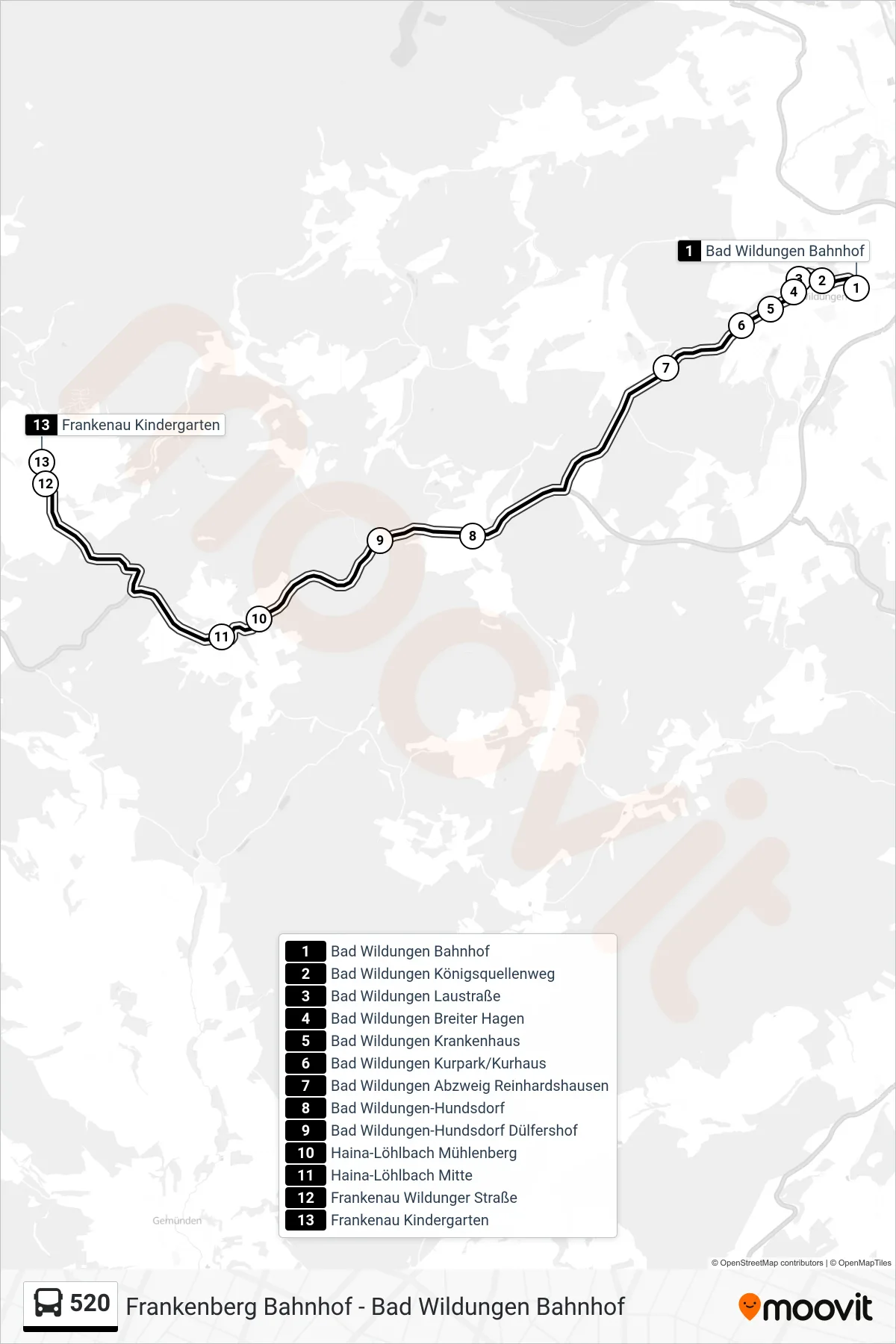 520 bus Line (Frankenau) route and stops on a map