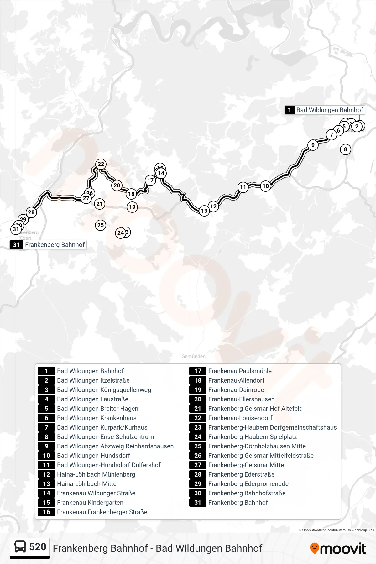 520 bus Line (Frankenberg, Bahnhof) route and stops on a map