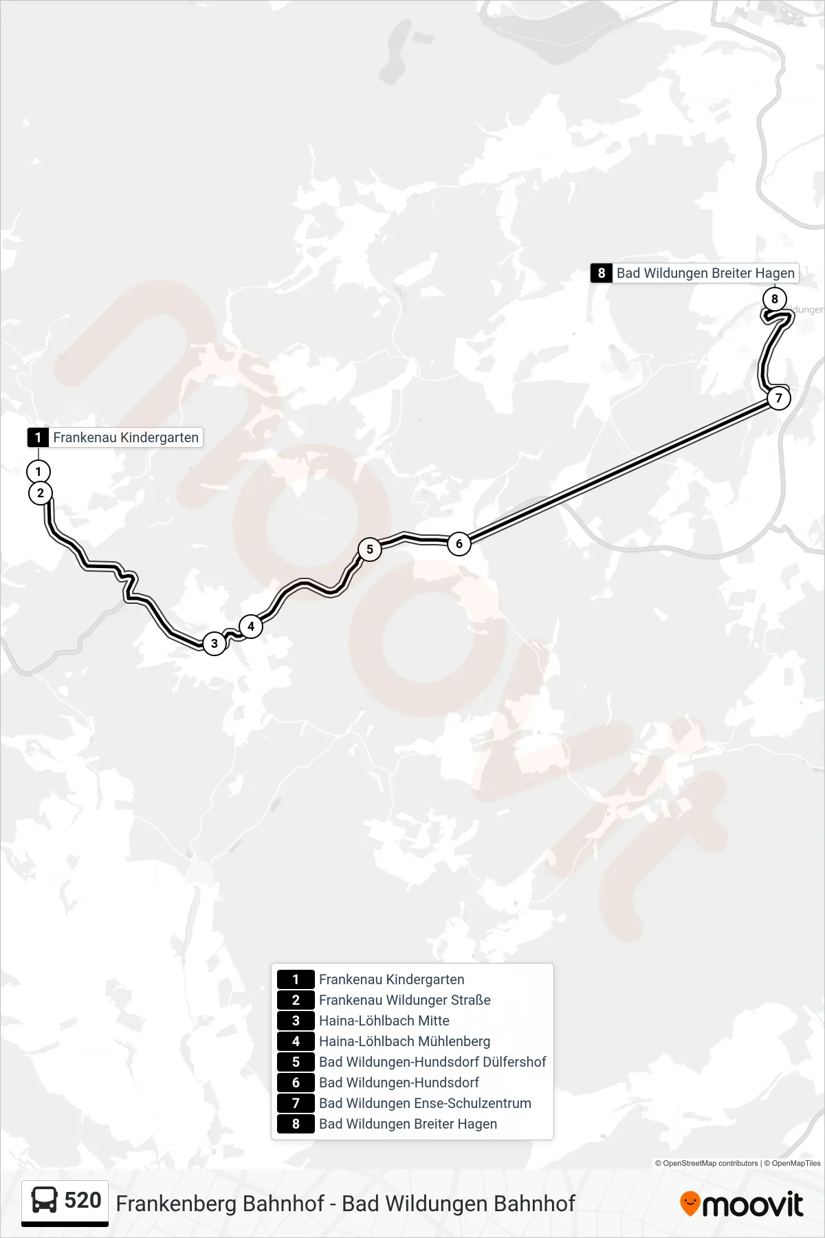 520 bus Line (Bad Wildungen Breiter Hagen) route and stops on a map