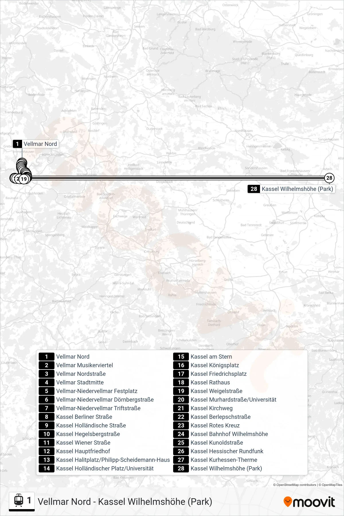 1 light rail Line (Kassel Wilhelmshöhe (Park)) route and stops on a map