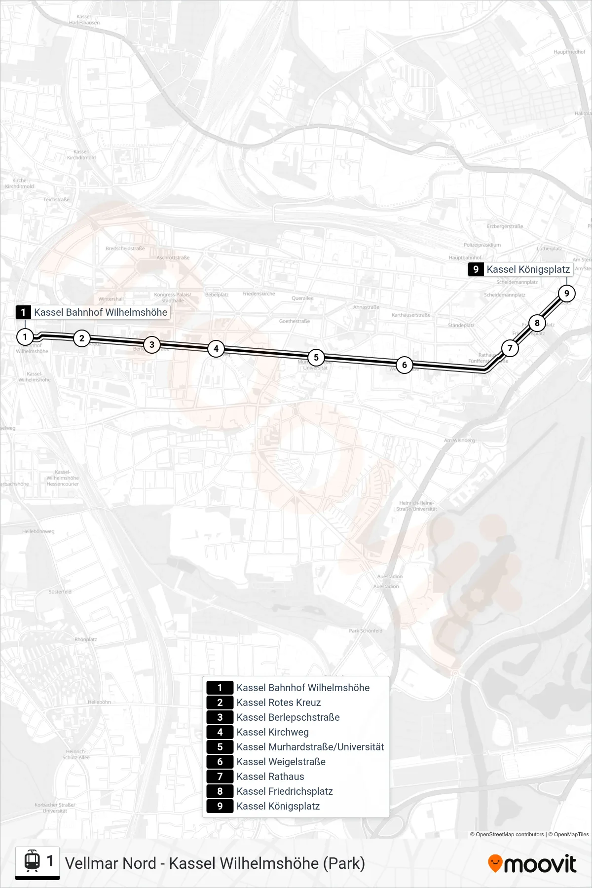 Linie 1 (Tram) Richtung Kassel: Route und Haltestellen auf der Karte