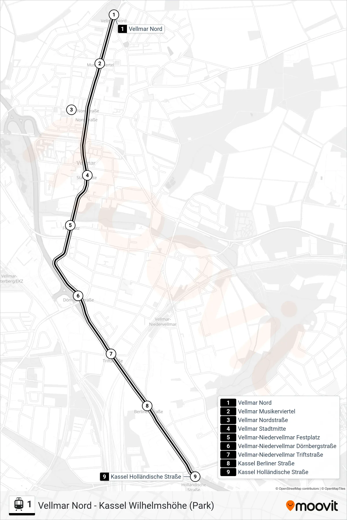 1 light rail Line (Holländische Straße) route and stops on a map