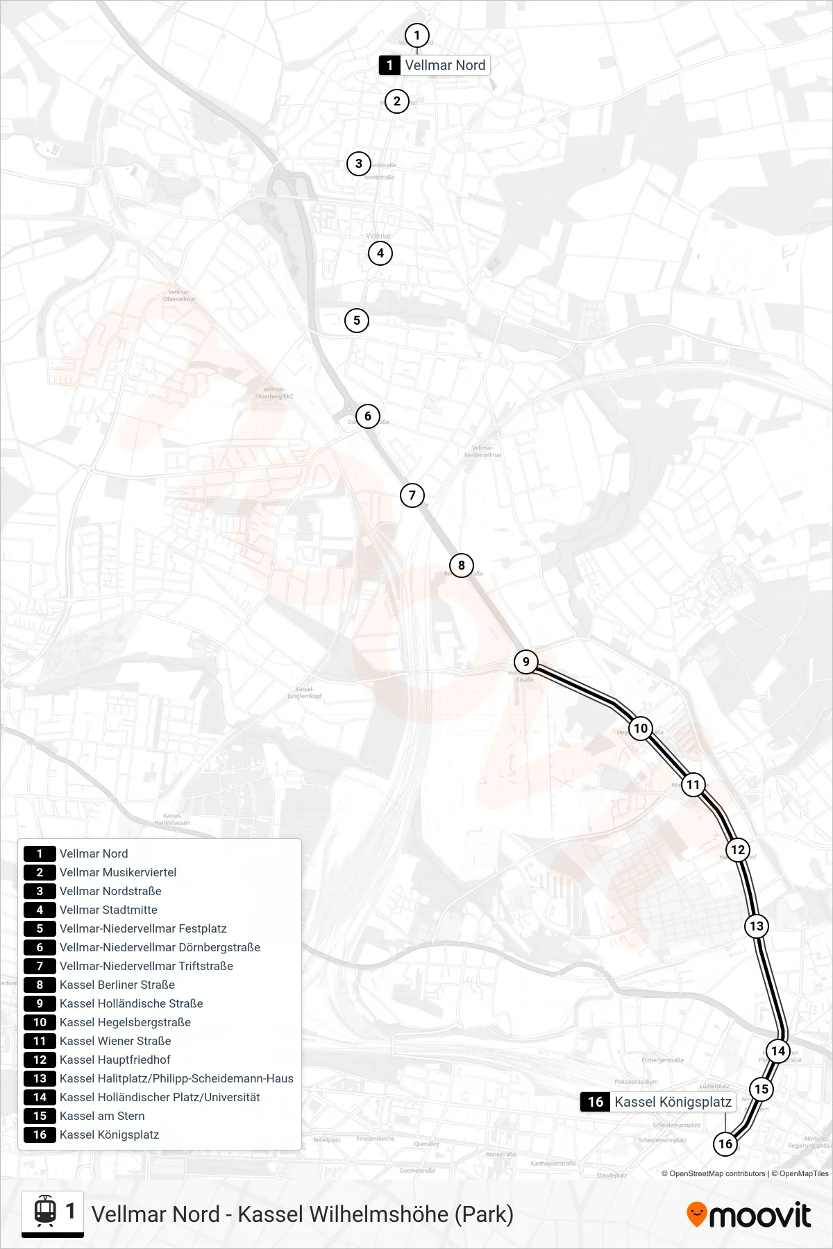 1 tram Line (Kassel) route and stops on a map