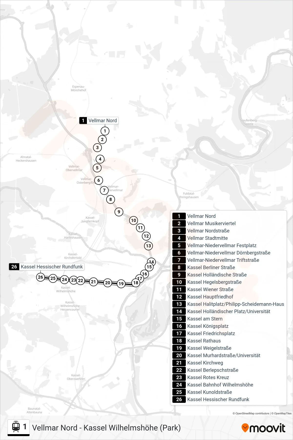 1 light rail Line (Kassel Hessischer Rundfunk) route and stops on a map