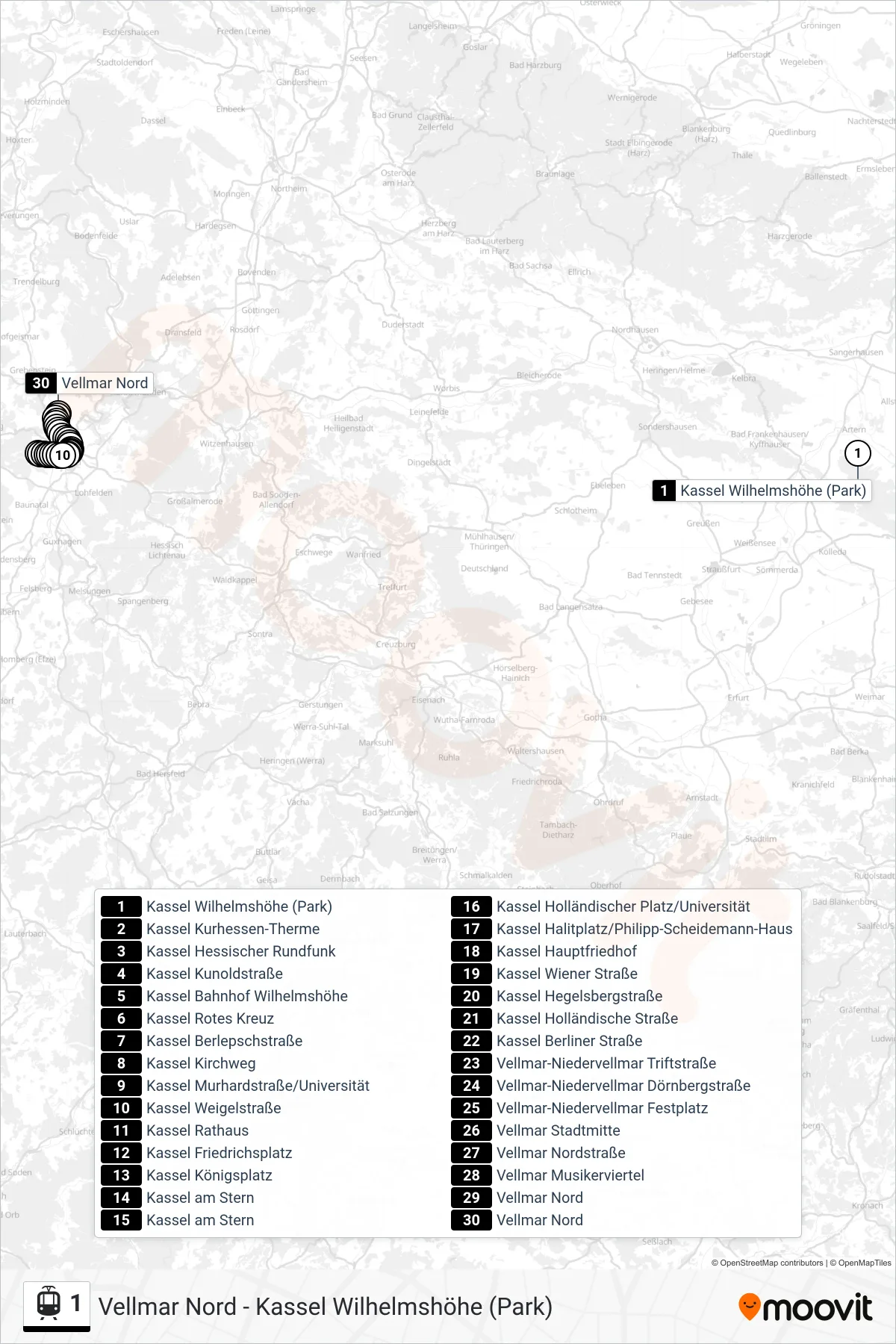 1 light rail Line (Vellmar Nord) route and stops on a map