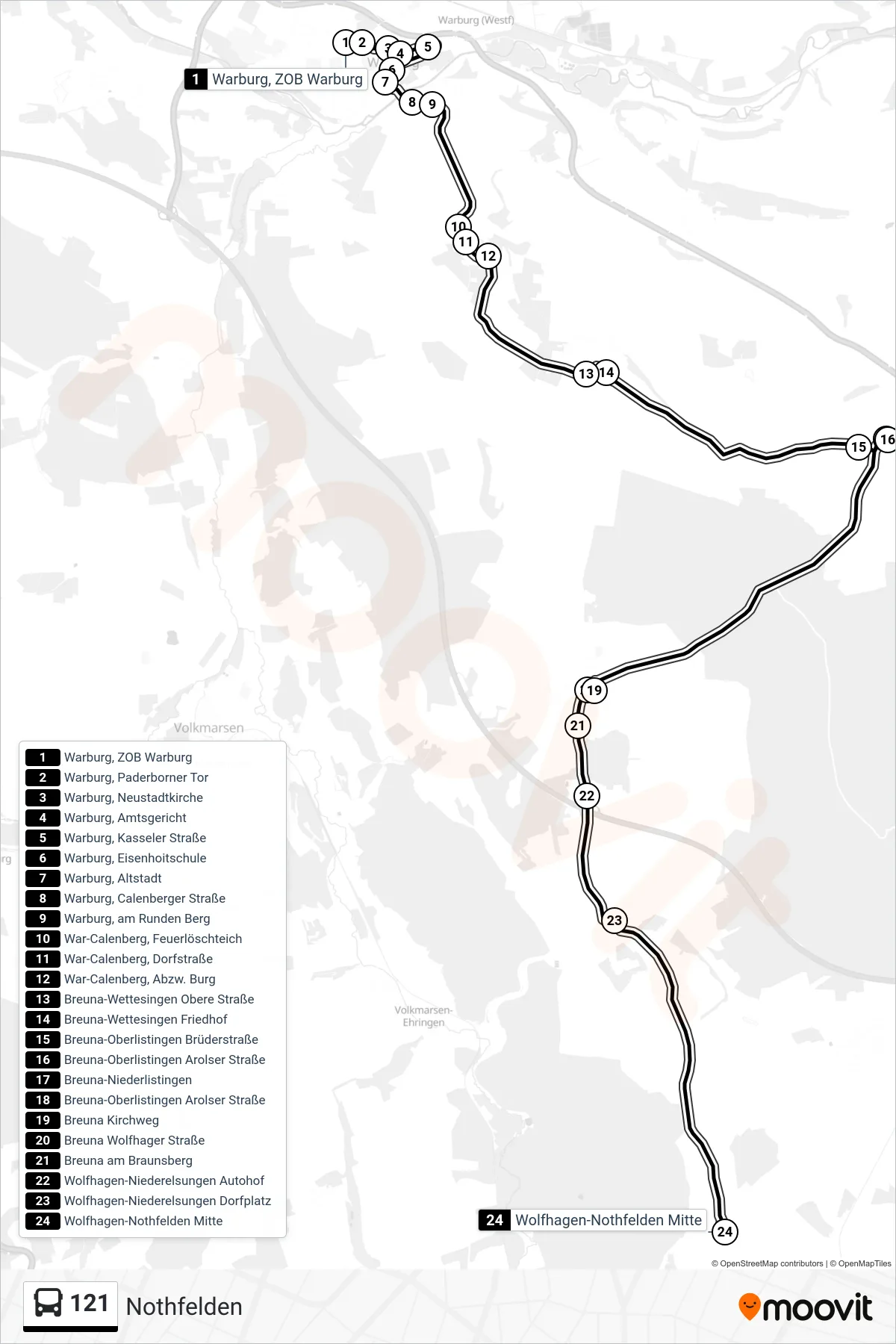 121 bus Line (Nothfelden) route and stops on a map
