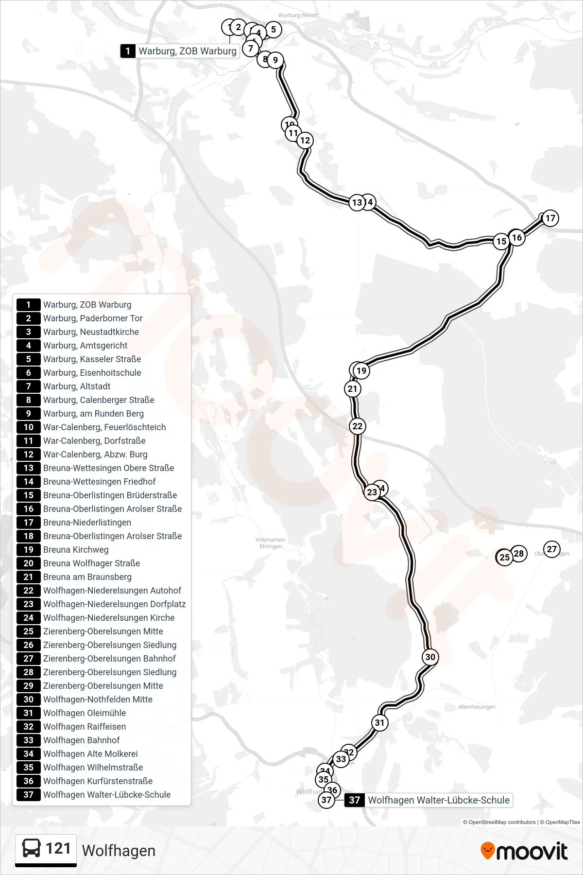 121 bus Line (Wolfhagen) route and stops on a map