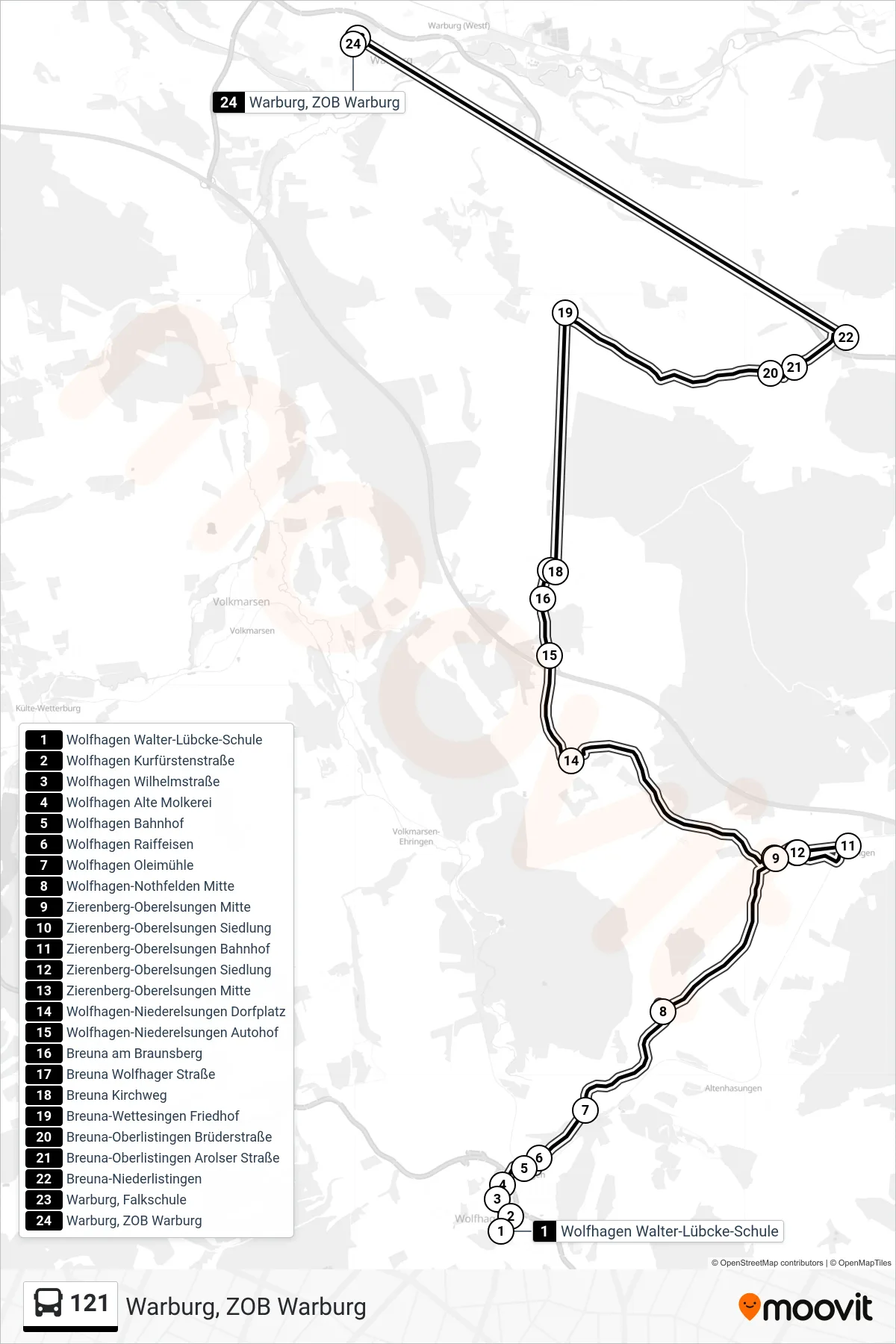 121 bus Line (Warburg, ZOB Warburg) route and stops on a map