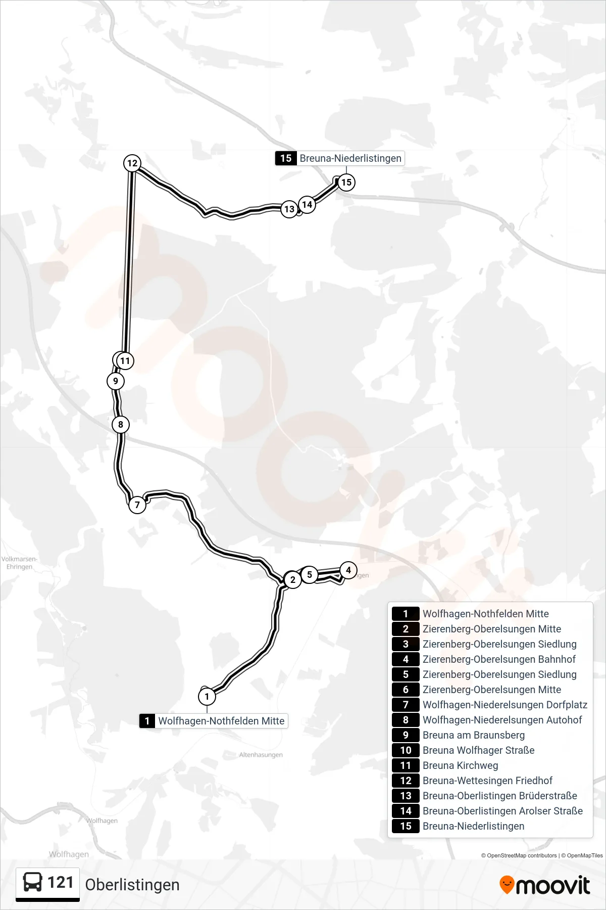 121 bus Line (Oberlistingen) route and stops on a map