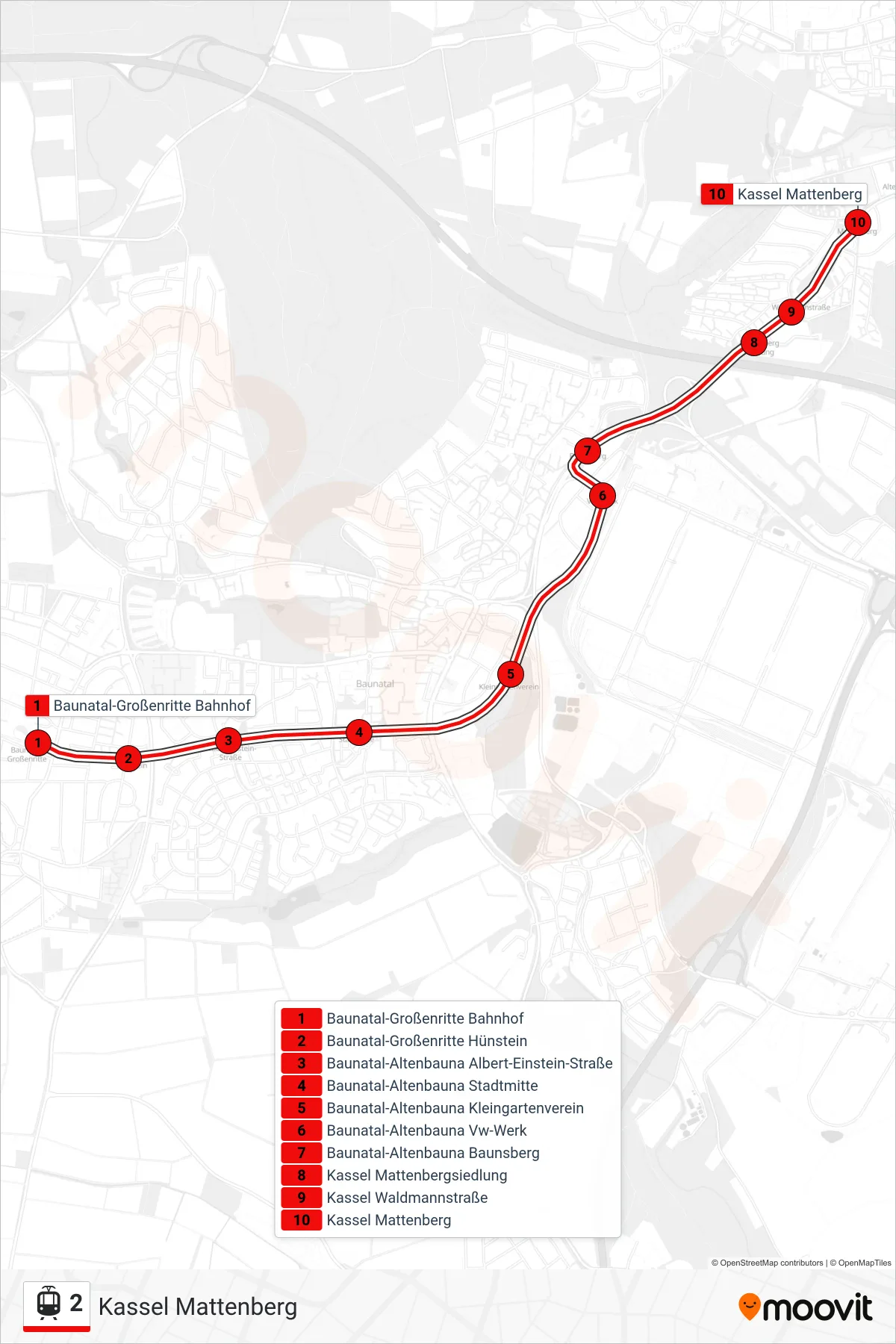 2 tram Line (Kassel Mattenberg) route and stops on a map