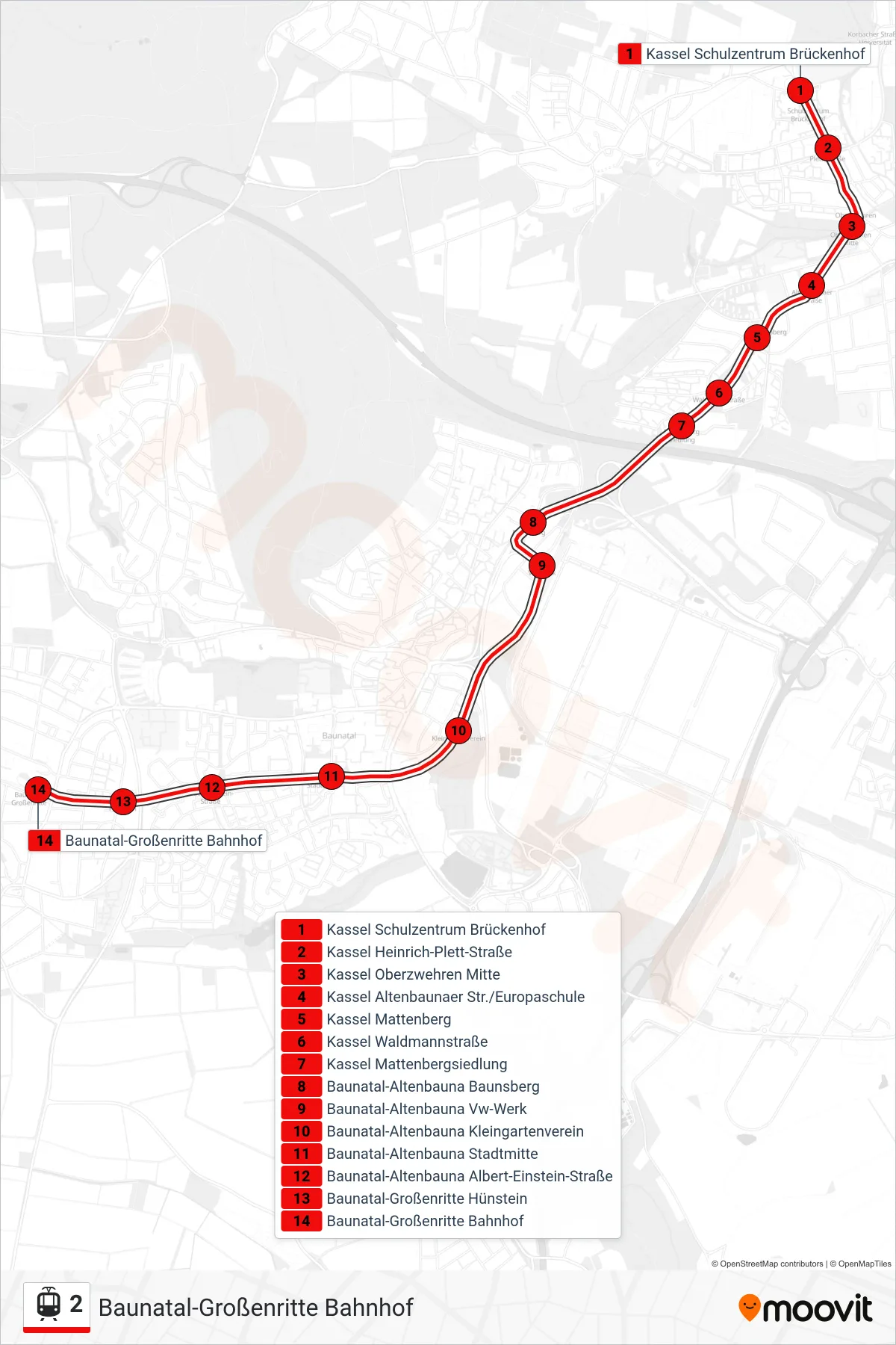 Linie 2 (Straßenbahn) Richtung Baunatal-Großenritte Bahnhof: Route und Haltestellen auf der Karte