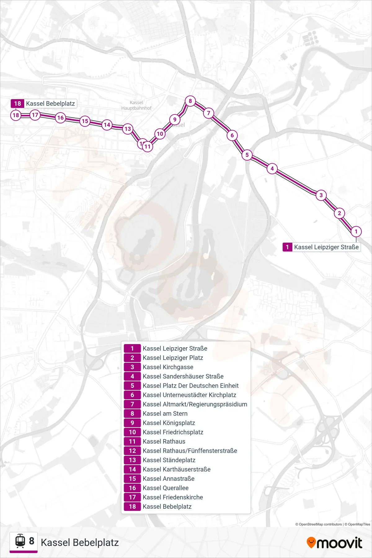 Linie 8 (Straßenbahn) Richtung Kassel Bebelplatz: Route und Haltestellen auf der Karte