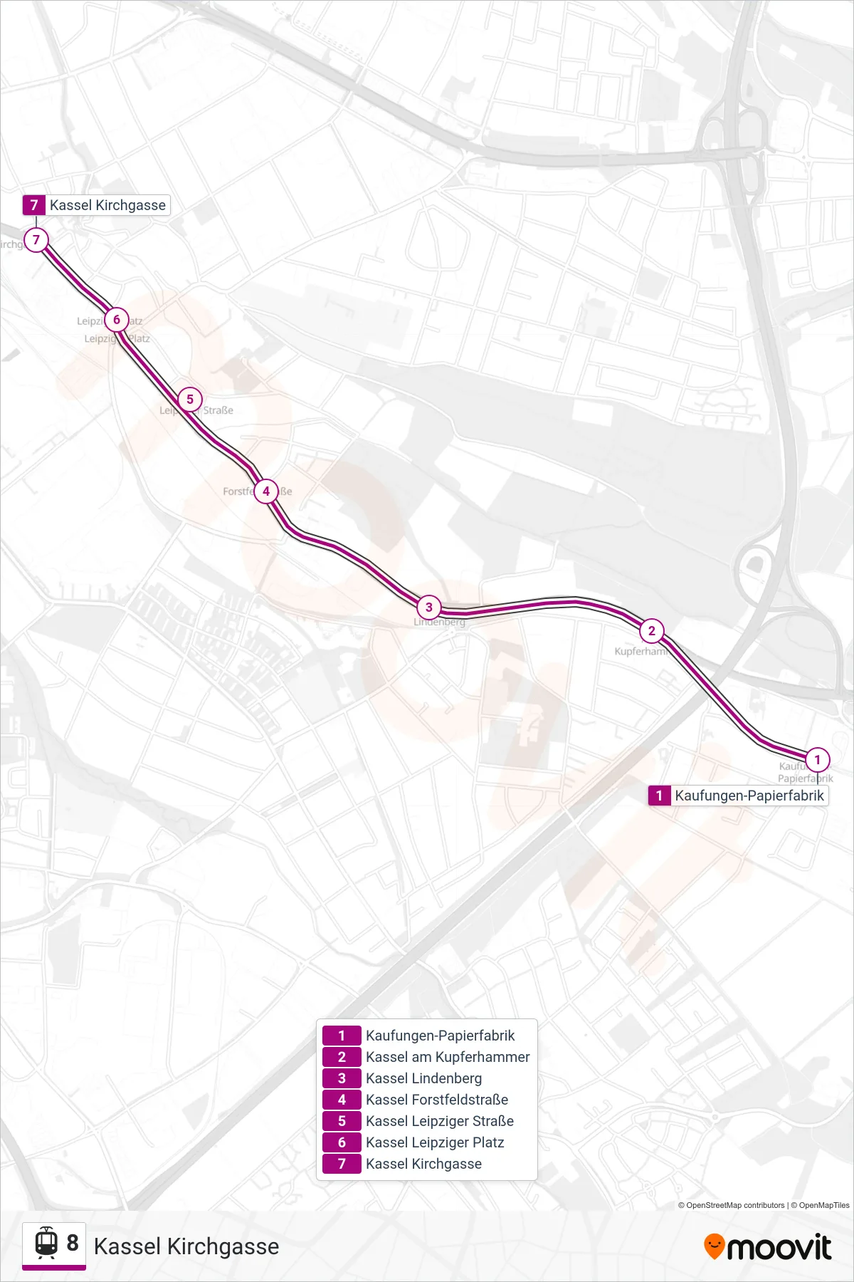 8 tram Line (Kassel Kirchgasse) route and stops on a map