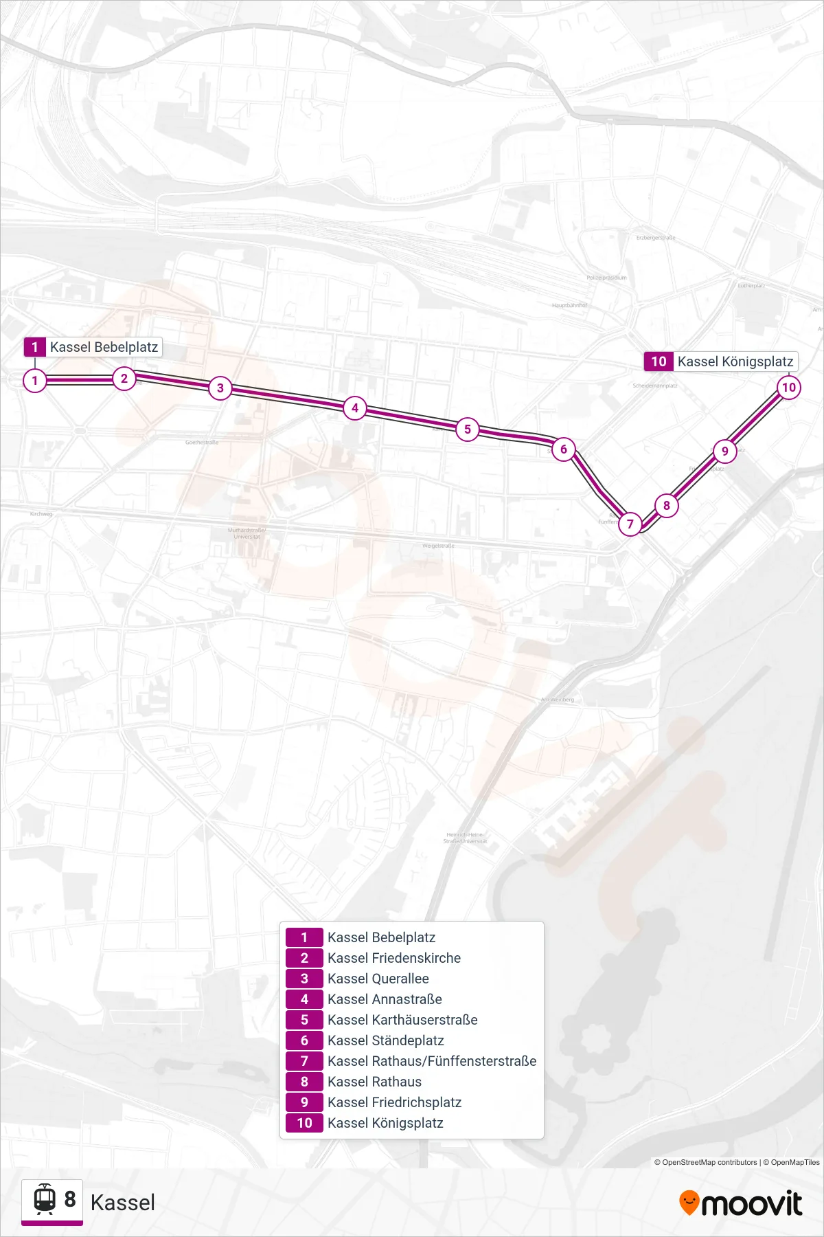 8 light rail Line (Kassel) route and stops on a map