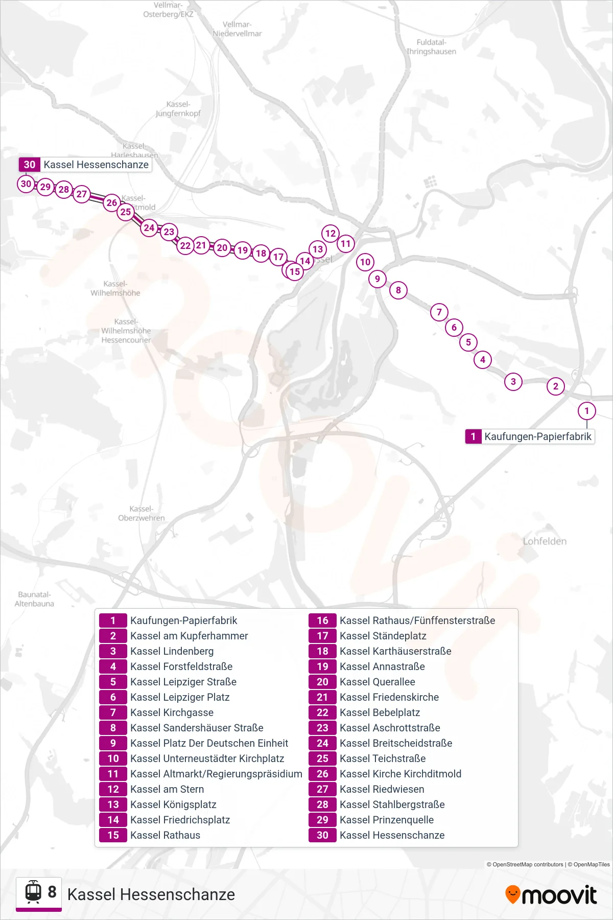 8 light rail Line (Kassel Hessenschanze) route and stops on a map